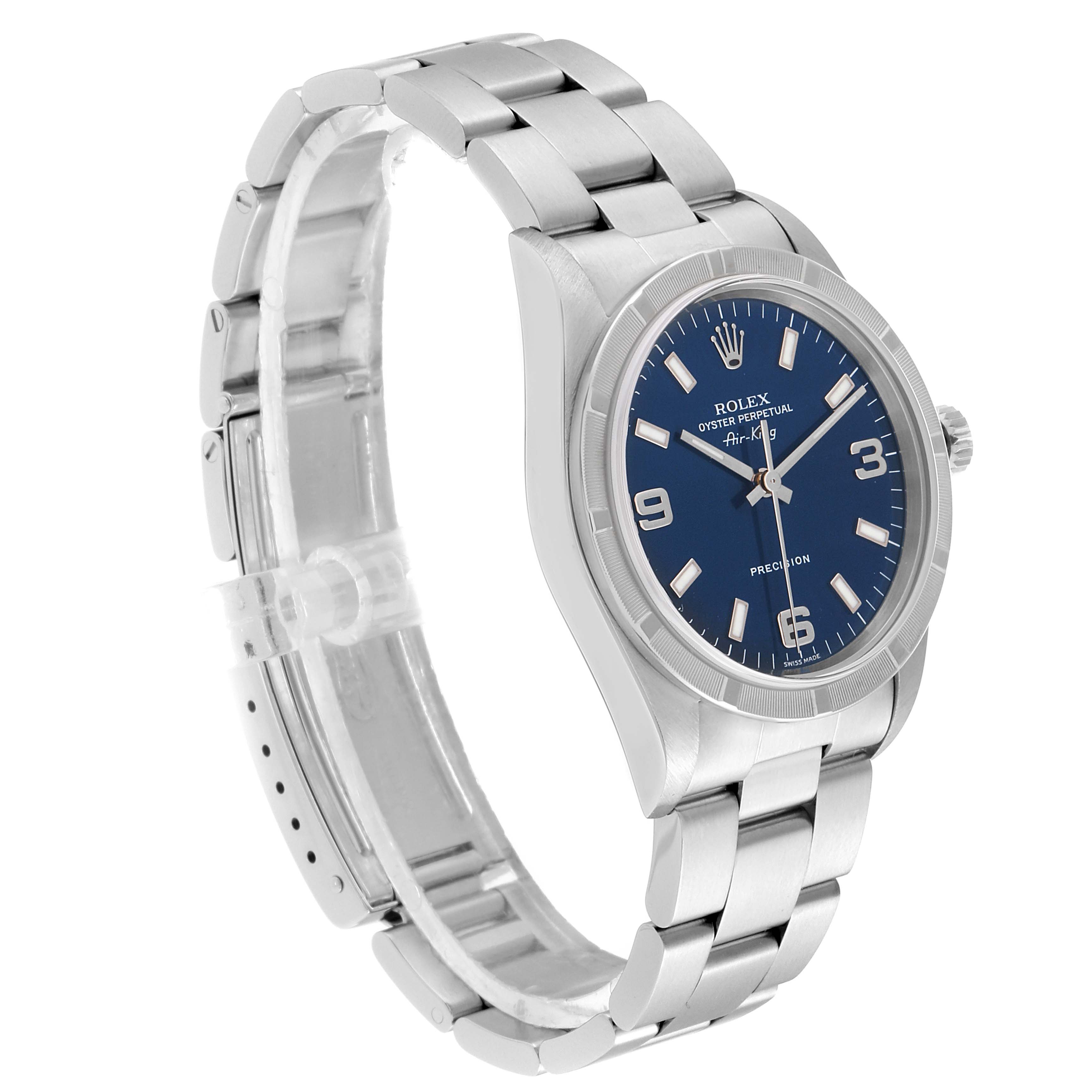 The image shows a Rolex Air-King 14010 Men's Stainless Steel Blue Dial 14010 Men's Stainless Steel Blue Dial watch at a three-quarter angle, highlighting its blue dial, stainless steel case, and bracelet.