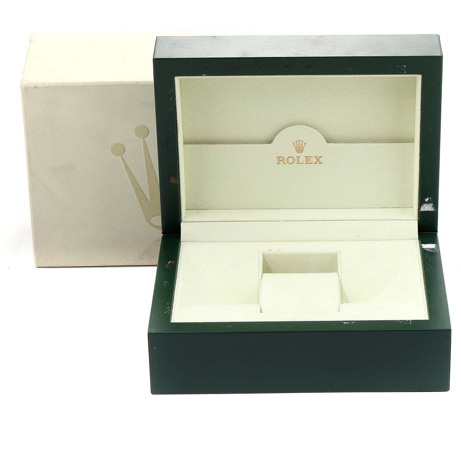 This image shows an open Rolex Air-King 14010 Men's Stainless Steel Blue Dial 14010 Men's Stainless Steel Blue Dial watch box with a beige interior and a dark green exterior.