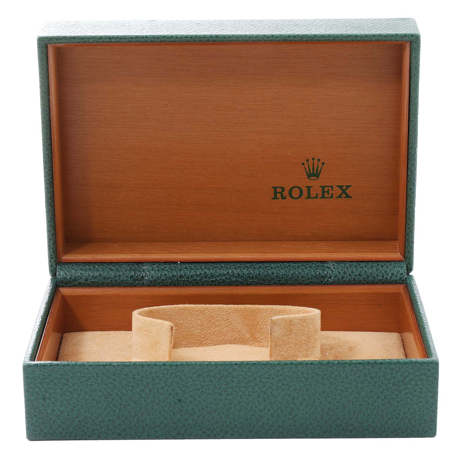 This image shows an open green Rolex Air-King 14000 Men's Stainless Steel Pink Dial 14000 Men's Stainless Steel Pink Dial watch box with its interior padding.