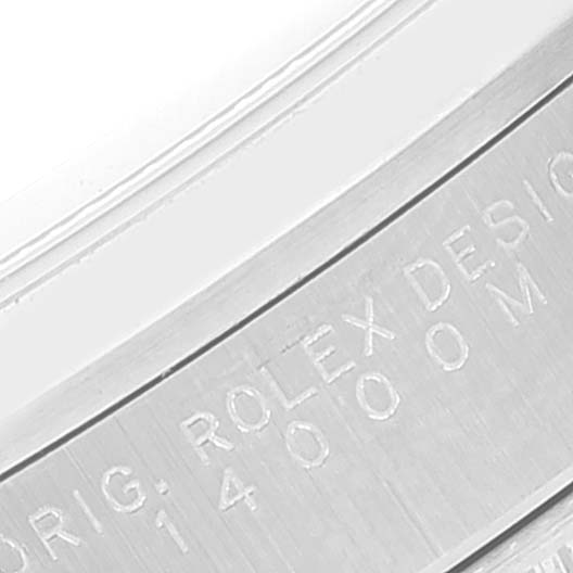 This close-up angle shows the inner bezel engraving of the Rolex Air-King 14000 Men's Stainless Steel Pink Dial 14000 Men's Stainless Steel Pink Dial watch.