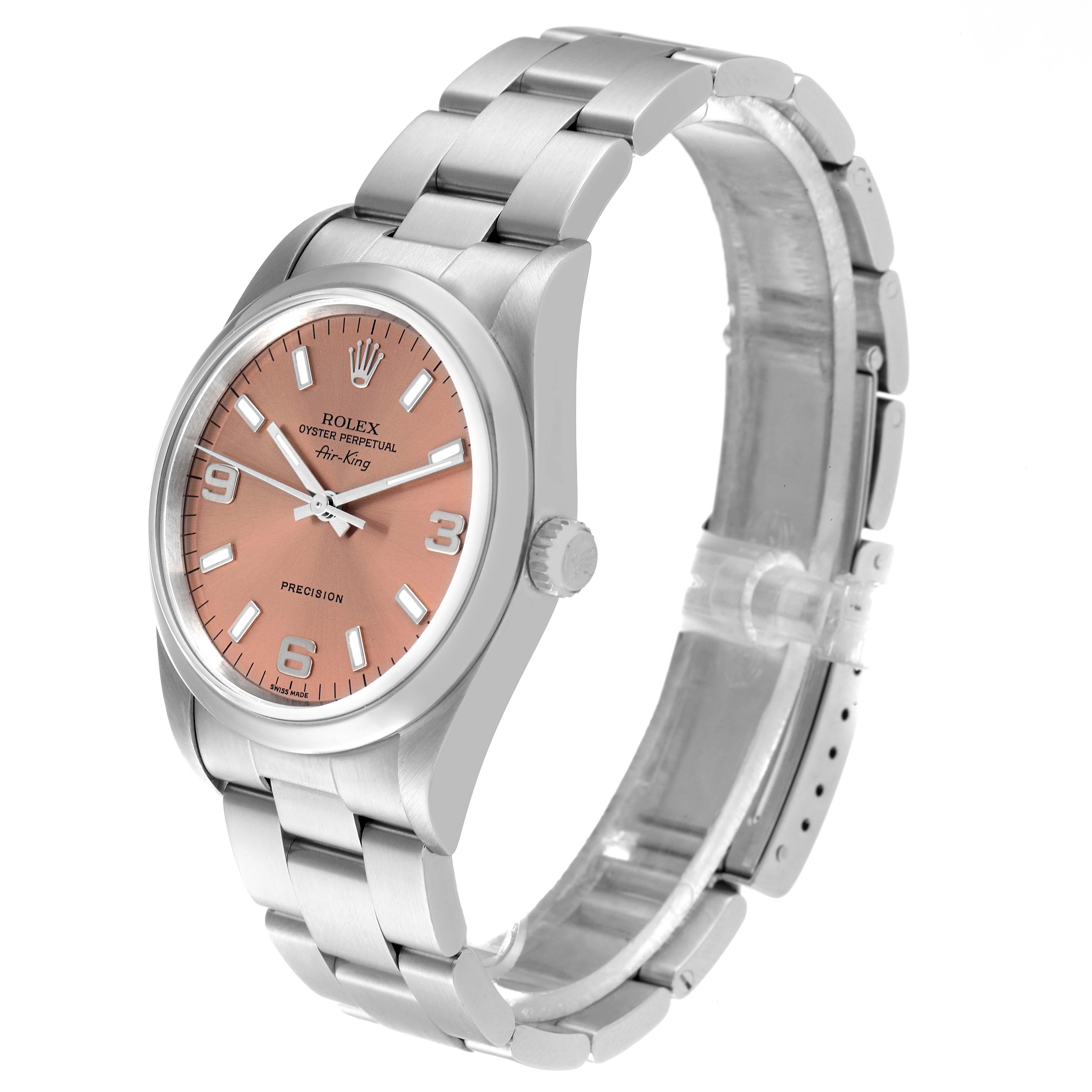 The Rolex Air-King 14000 Men's Stainless Steel Pink Dial 14000 Men's Stainless Steel Pink Dial watch is shown at a slight angle, displaying the face, side, and stainless steel bracelet.