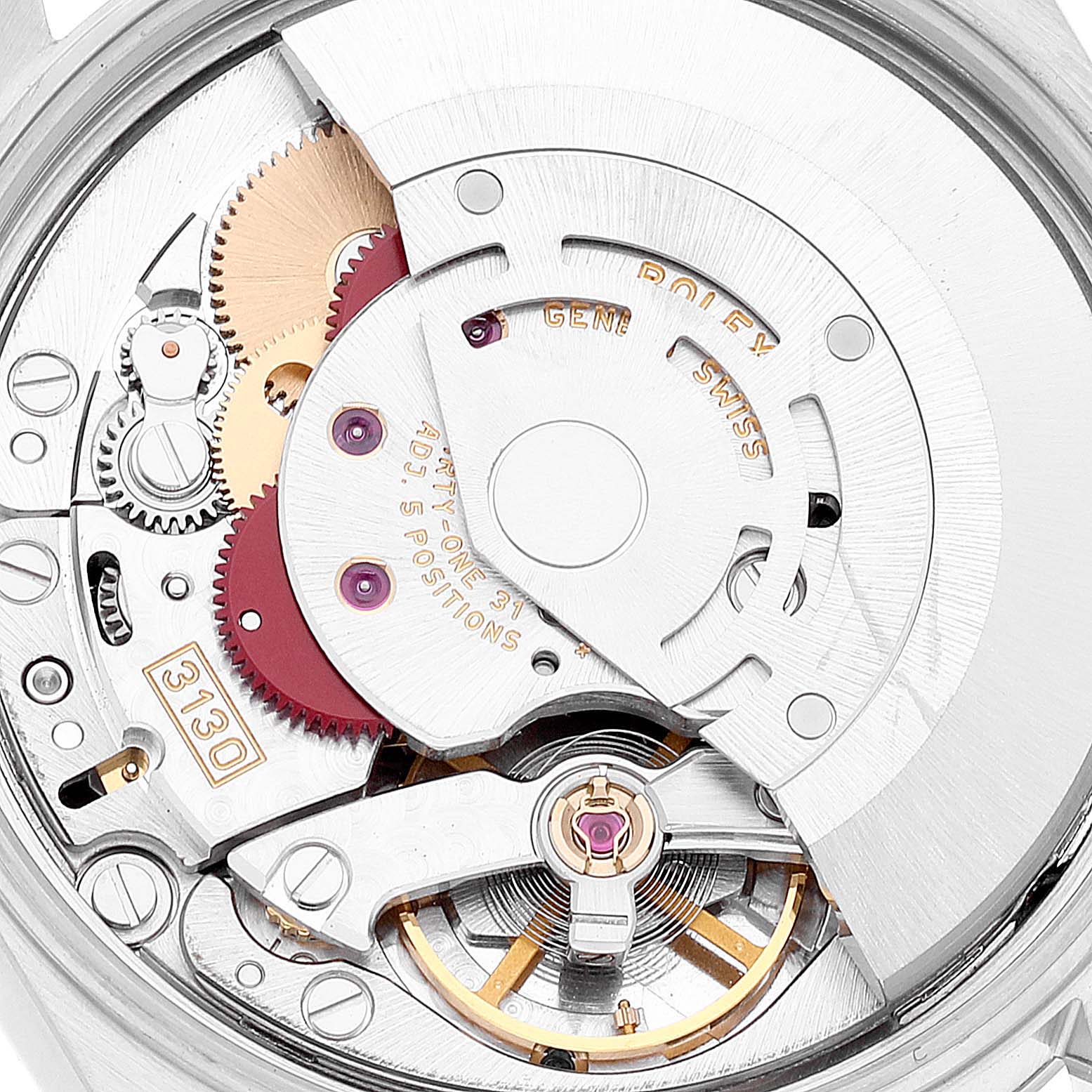 This image shows the intricate internal mechanism and rotor of the Rolex Air-King 14000 Men's Stainless Steel Pink Dial 14000 Men's Stainless Steel Pink Dial 3130 model from a close-up angle.
