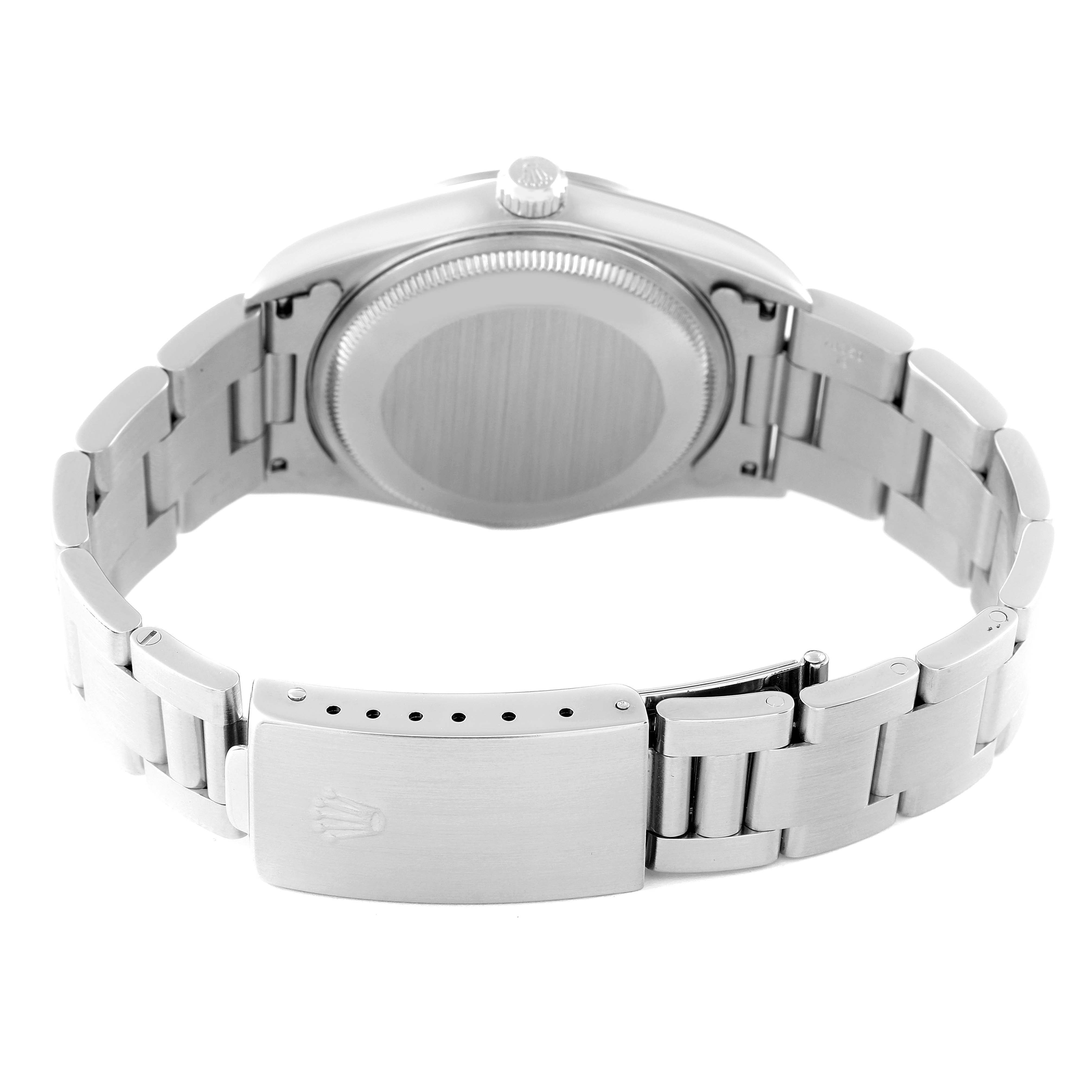 The image shows the back case and strap with clasp of a Rolex Air-King 14000 Men's Stainless Steel Pink Dial 14000 Men's Stainless Steel Pink Dial watch, viewed from the rear.