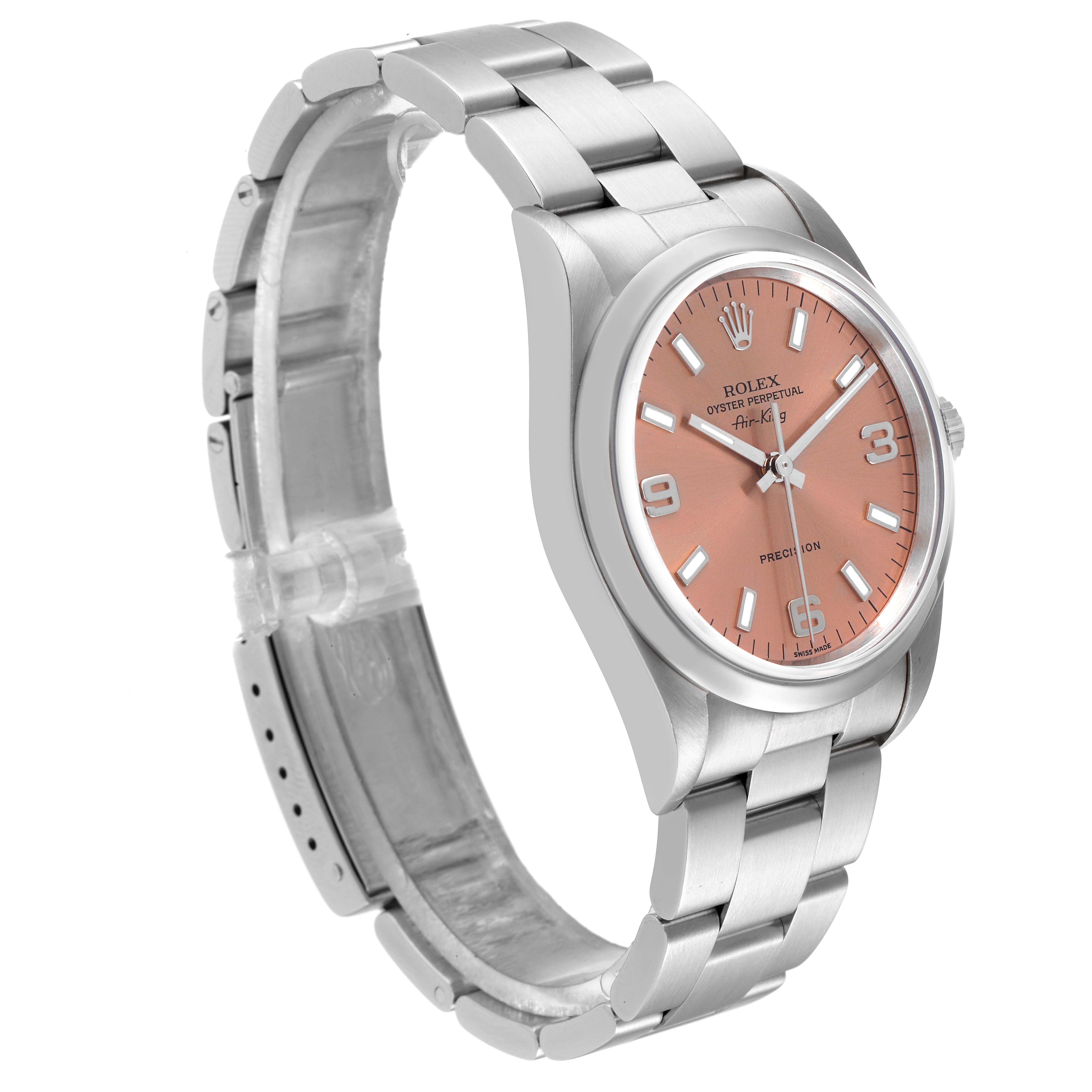 The image shows a Rolex Air-King 14000 Men's Stainless Steel Pink Dial 14000 Men's Stainless Steel Pink Dial watch at a slight side angle, highlighting its band, case, and pink dial.