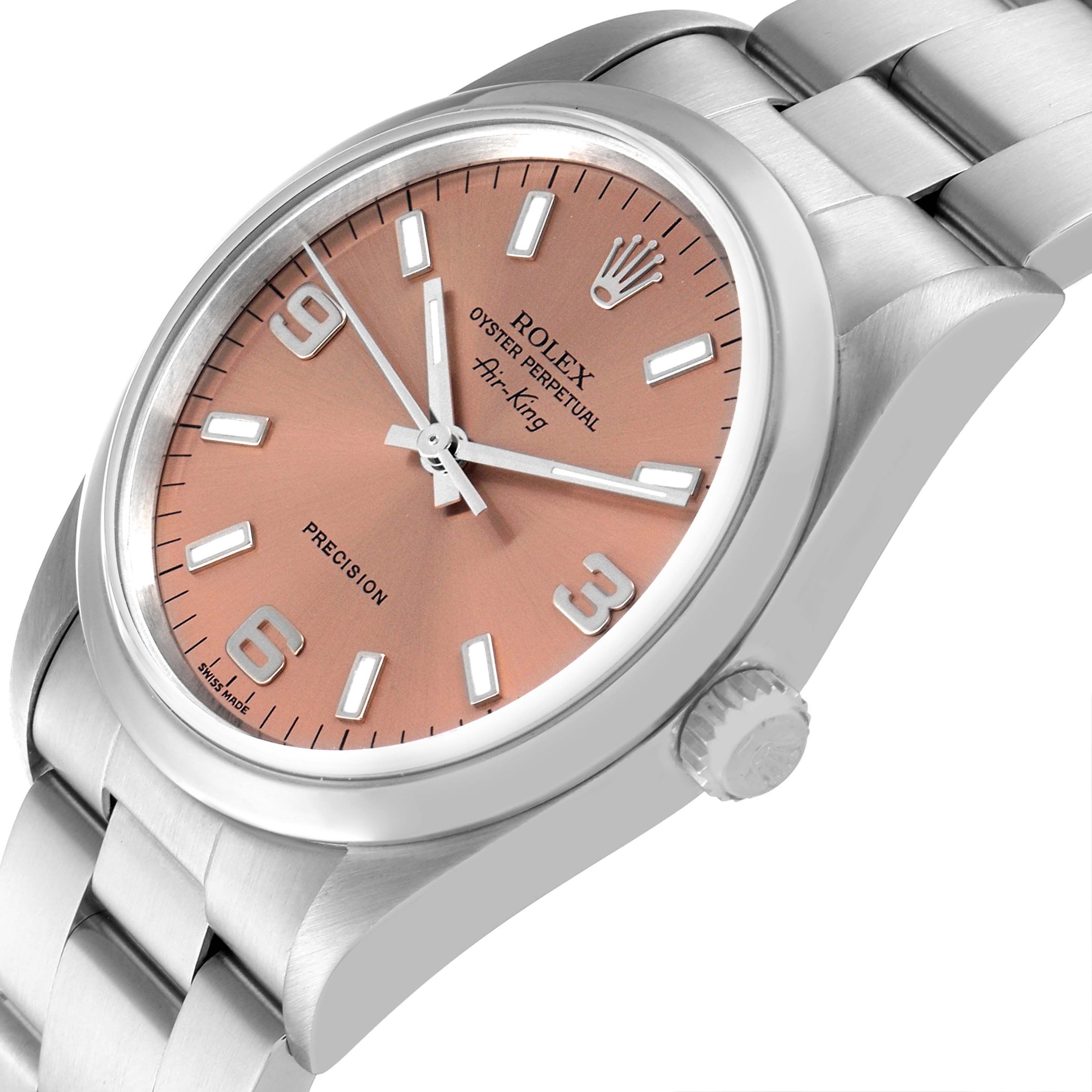 The image shows a Rolex Air-King 14000 Men's Stainless Steel Pink Dial 14000 Men's Stainless Steel Pink Dial watch at a slight angle highlighting its face, case, and partially its bracelet.