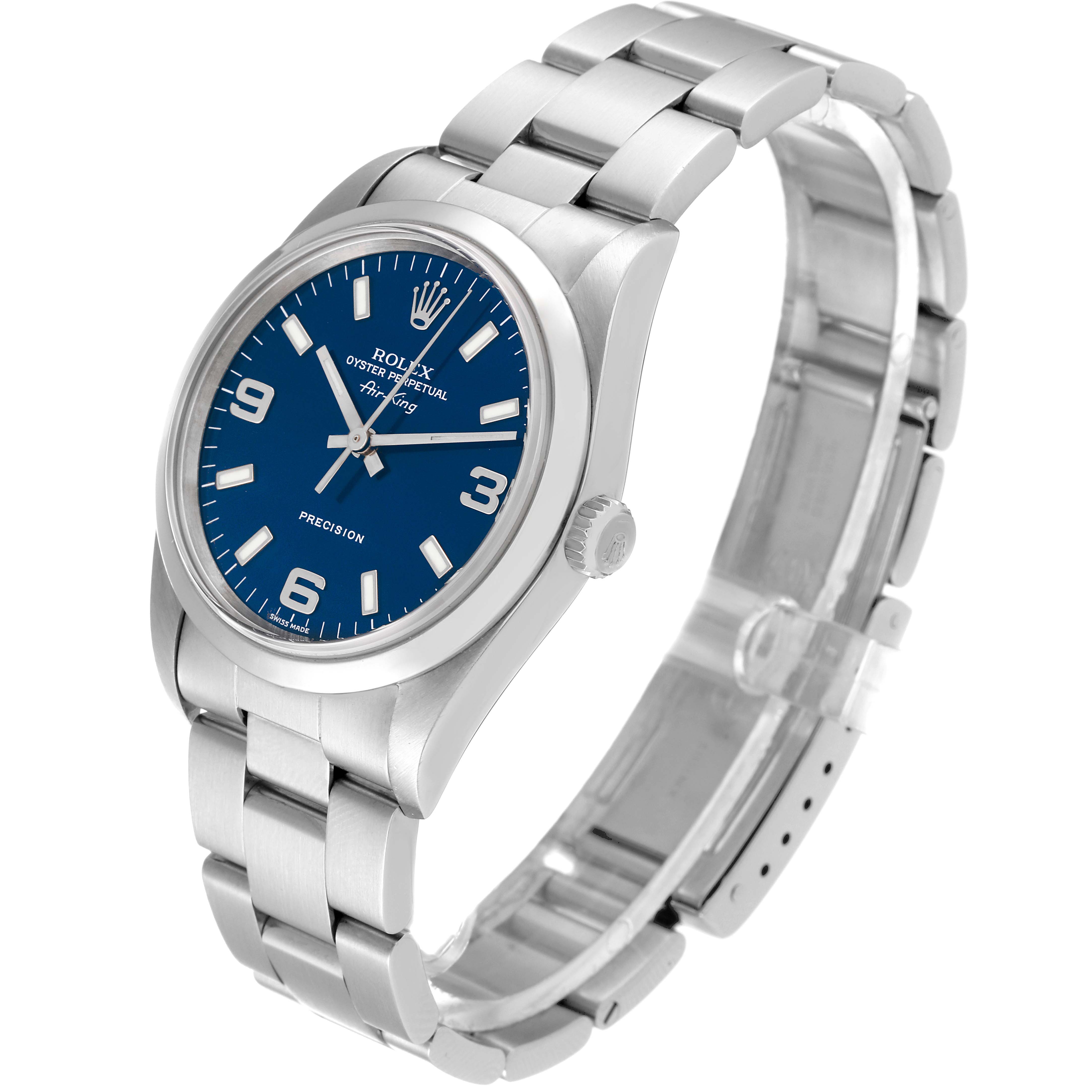 The image shows a Rolex Air-King 14000 Men's Stainless Steel Blue Dial 14000 Men's Stainless Steel Blue Dial watch angled to display the face, bezel, crown, and bracelet.