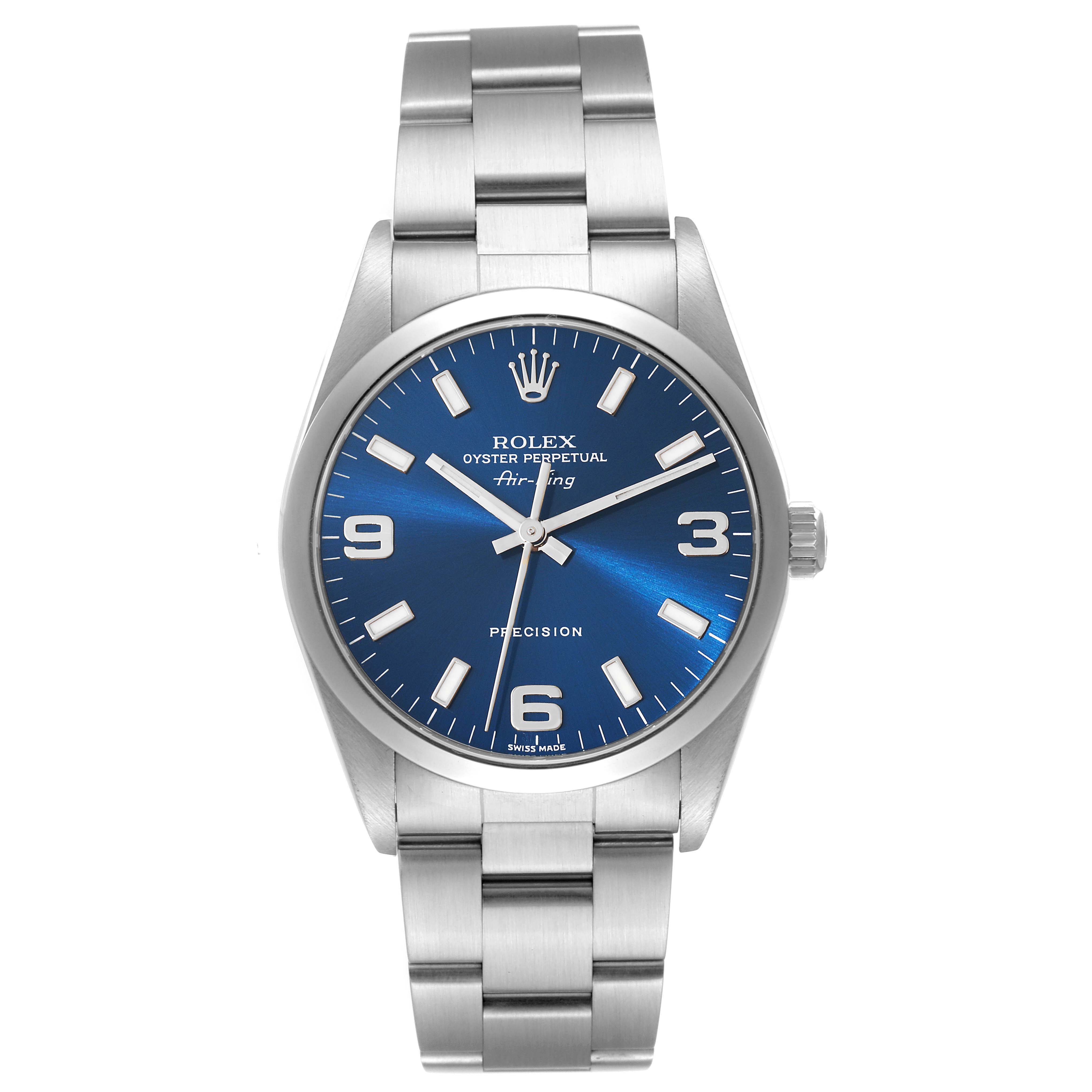 The image shows a front view of a Rolex Air-King 14000 Men's Stainless Steel Blue Dial 14000 Men's Stainless Steel Blue Dial watch, displaying the dial, bezel, case, and bracelet.