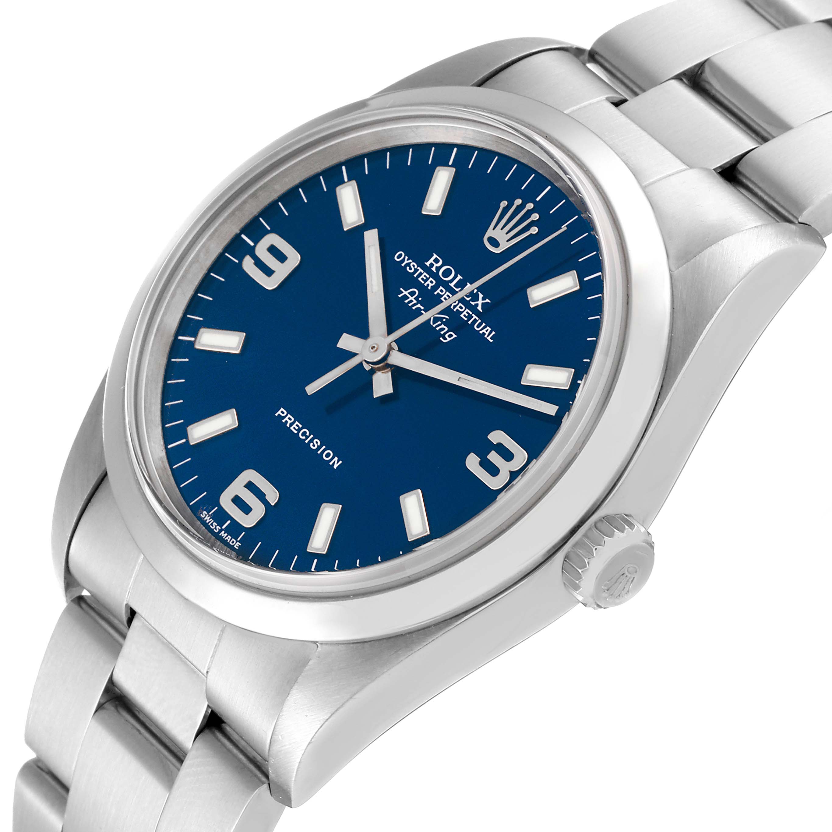 The Rolex Air-King 14000 Men's Stainless Steel Blue Dial 14000 Men's Stainless Steel Blue Dial watch is shown at a three-quarter angle, displaying the blue dial, bezel, crown, and part of the bracelet.