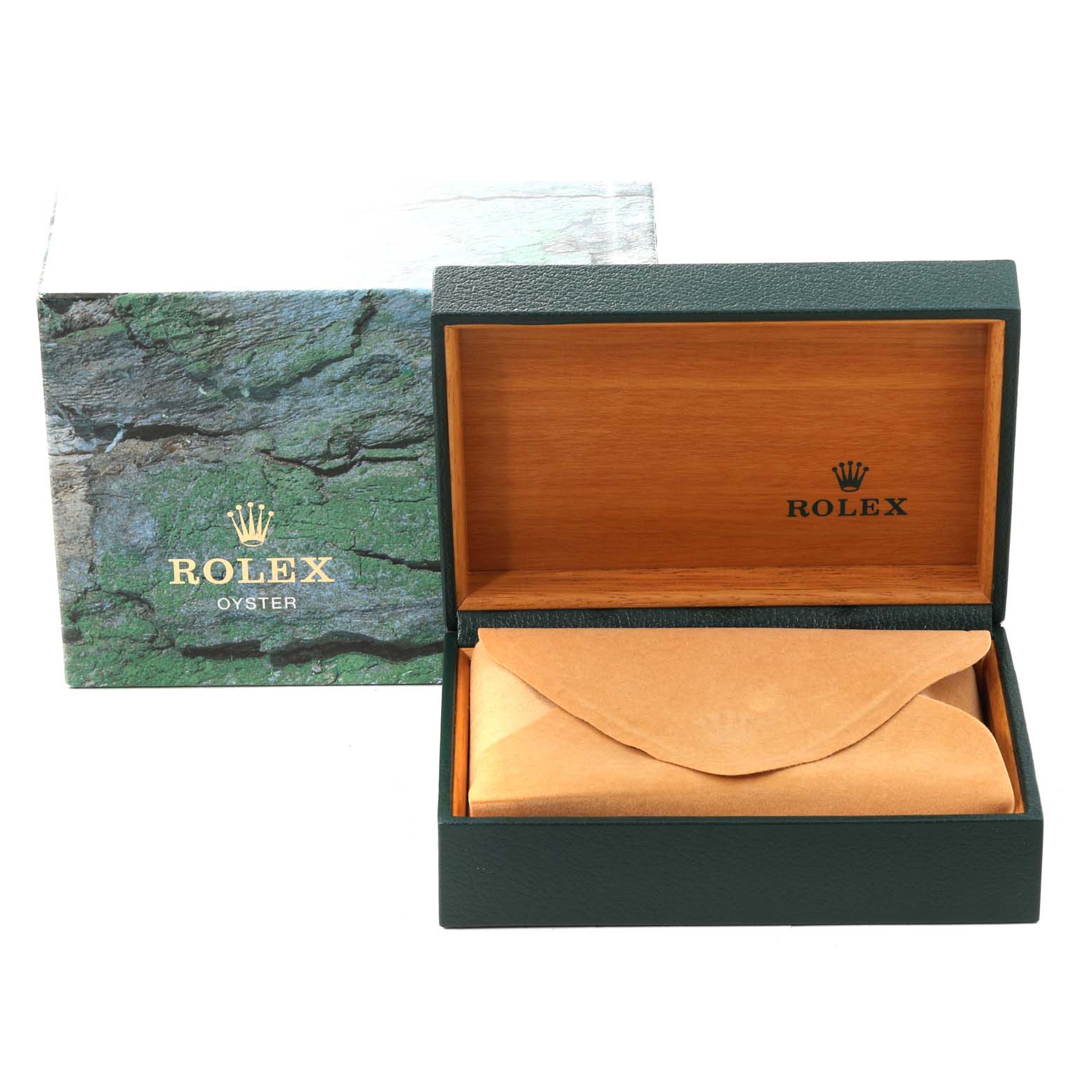 The image shows a green and brown Rolex Air-King 14000 Men's Stainless Steel Blue Dial 14000 Men's Stainless Steel Blue Dial watch box and its leather cushion, with the outer box visible behind it.