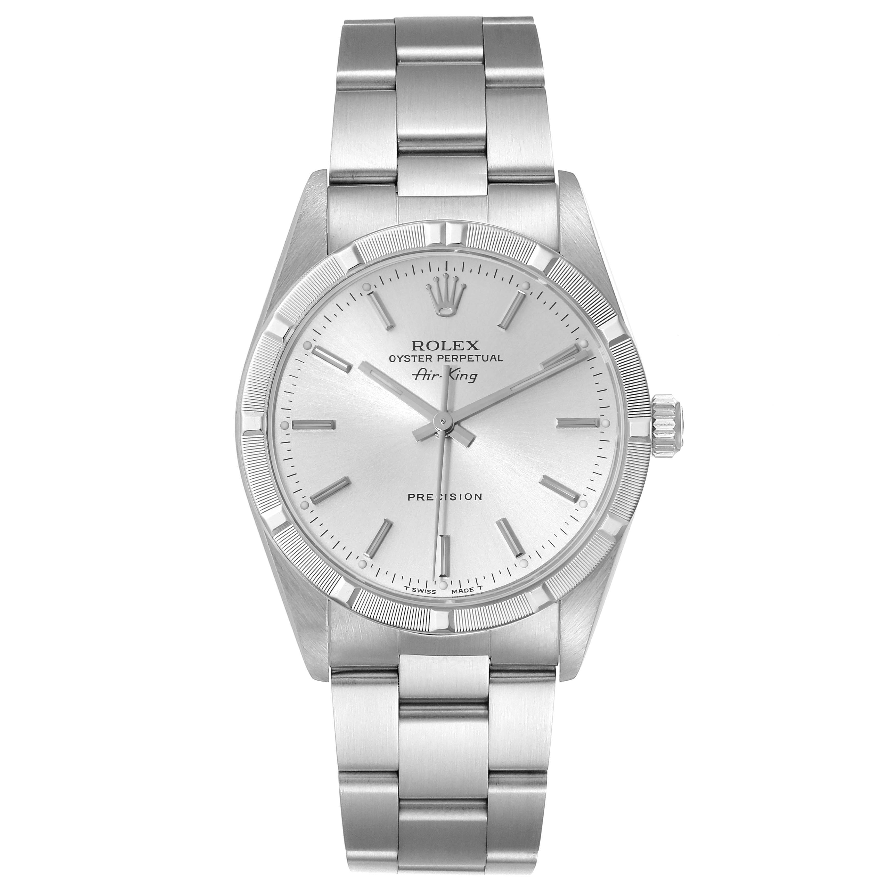 The Rolex Air-King 14010 Men's Stainless Steel Silver Dial 14010 Men's Stainless Steel Silver Dial watch is shown from a front angle, displaying the dial, bezel, case, and bracelet.