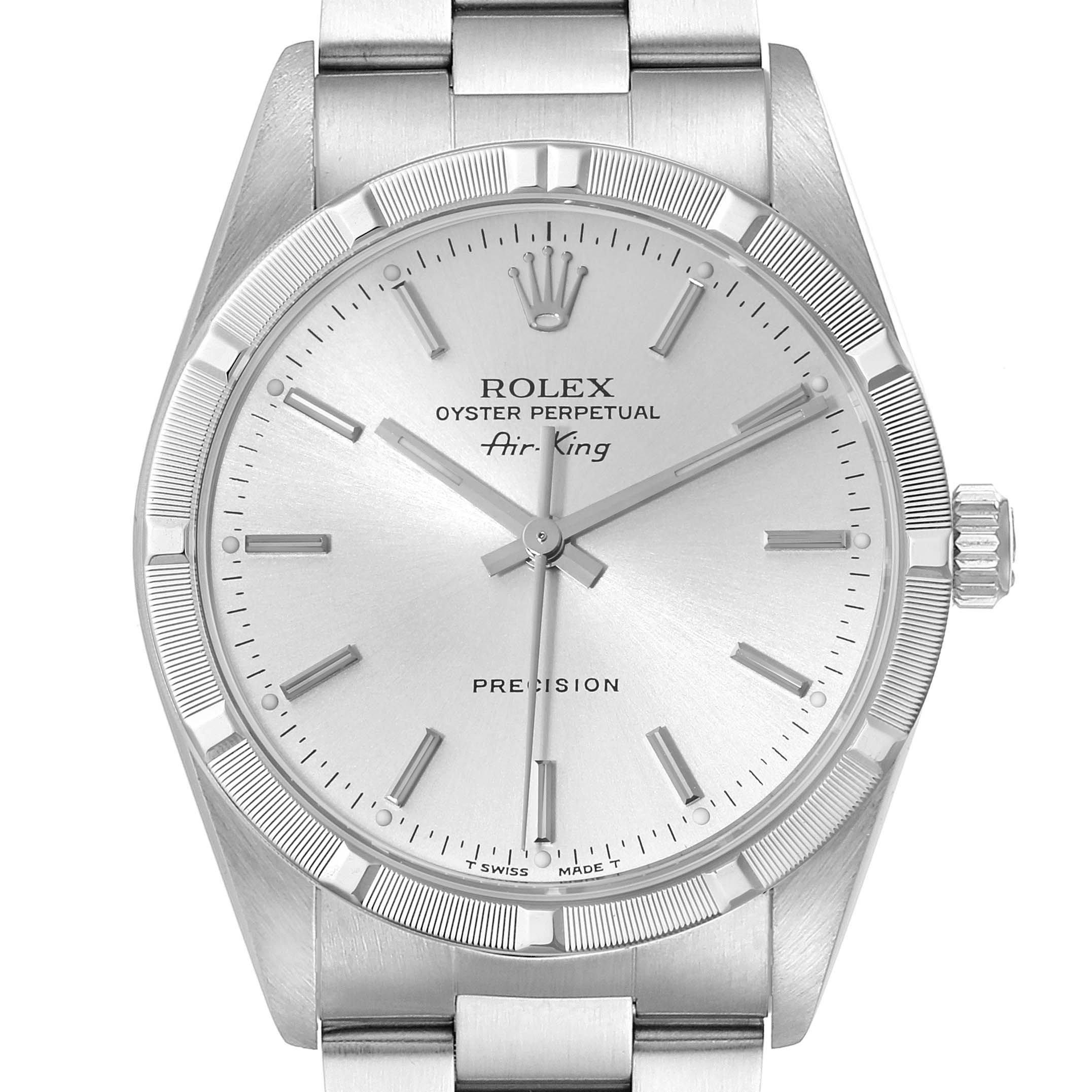 This image shows a frontal view of the Rolex Air-King 14010 Men's Stainless Steel Silver Dial 14010 Men's Stainless Steel Silver Dial watch, highlighting its dial, hands, crown, and part of its bracelet.