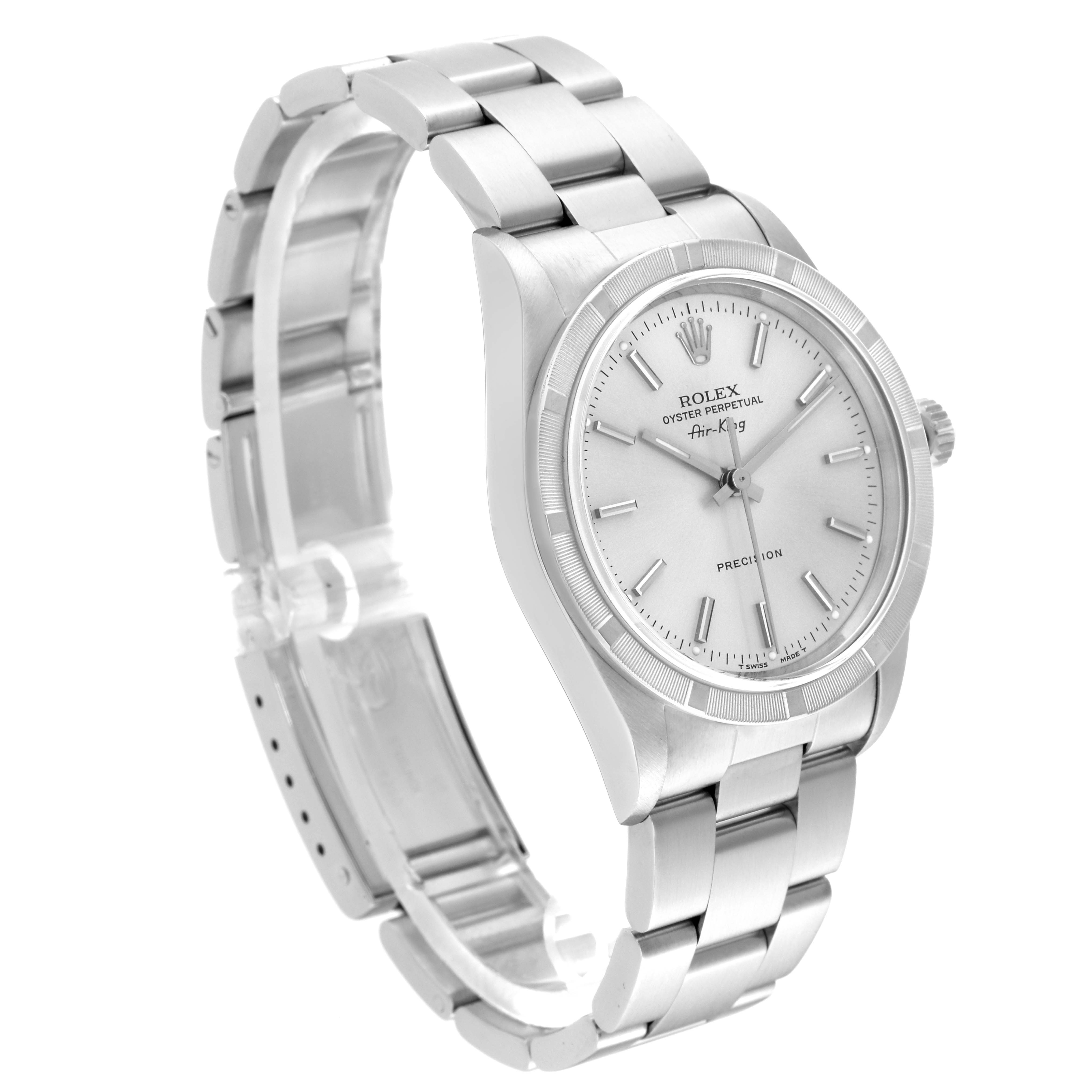 The image shows a Rolex Air-King 14010 Men's Stainless Steel Silver Dial 14010 Men's Stainless Steel Silver Dial model watch at a slight angle, highlighting the face, bezel, and bracelet.