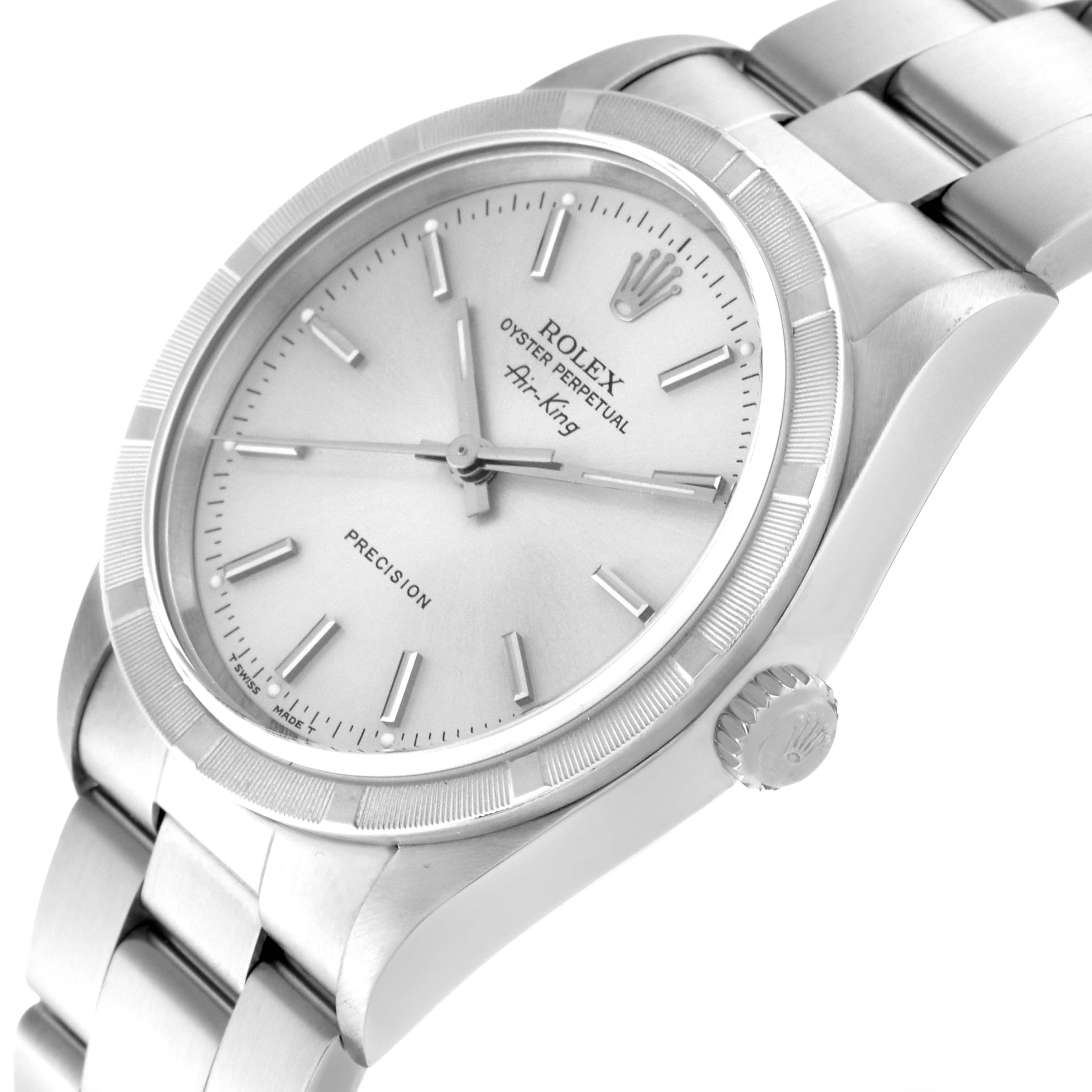 The image shows a close-up angled view of the Rolex Air-King 14010 Men's Stainless Steel Silver Dial 14010 Men's Stainless Steel Silver Dial watch, highlighting the dial, bezel, crown, and bracelet.