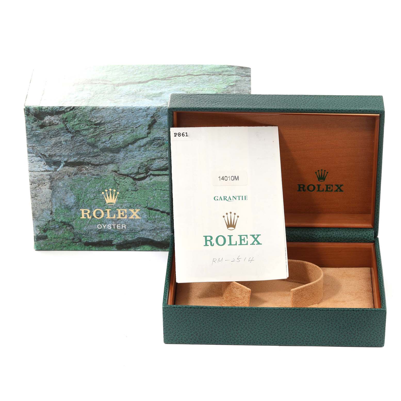 This image shows the open box and warranty documentation for a Rolex Air-King 14010M Men's Stainless Steel Silver Dial 14010M Men's Stainless Steel Silver Dial watch.