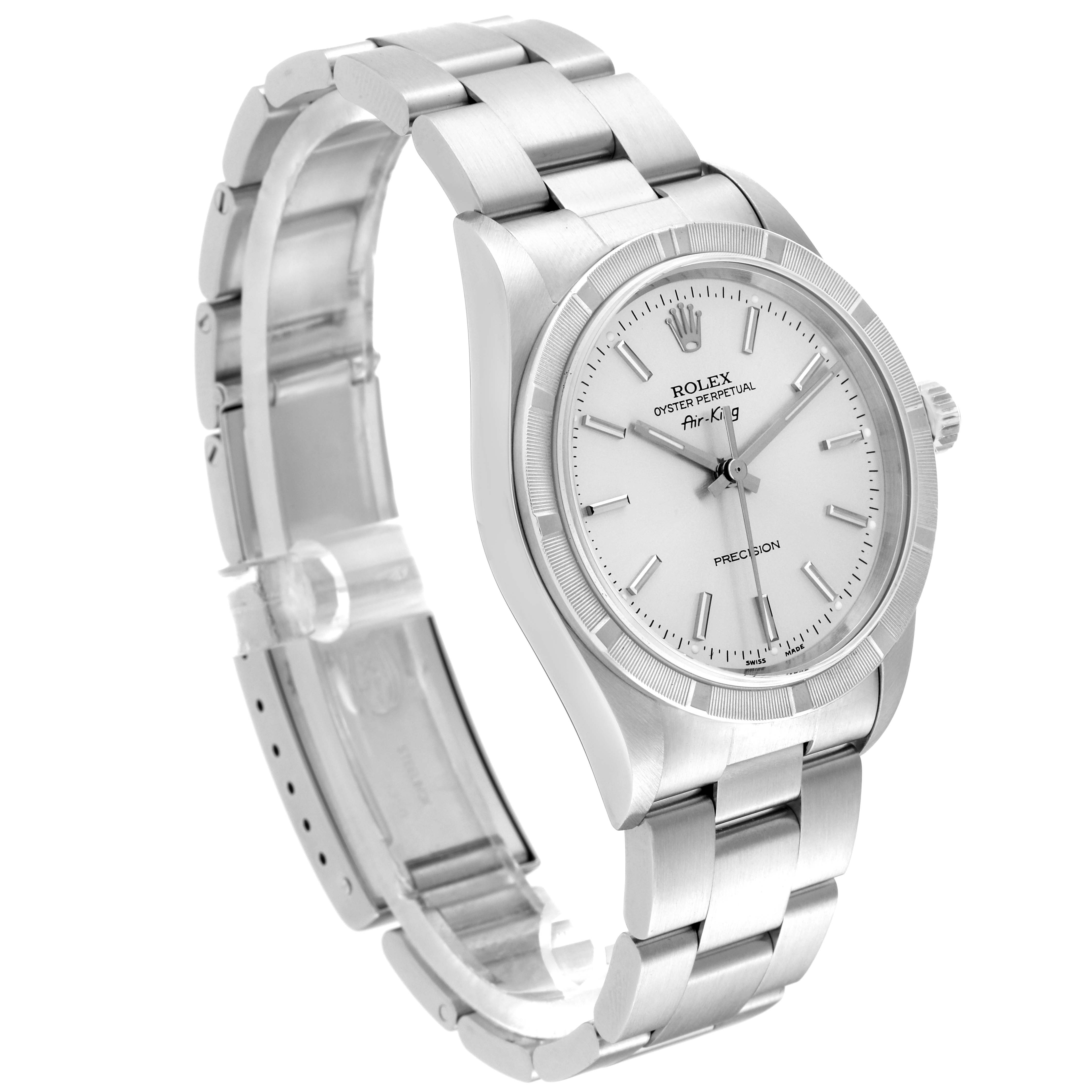 The image showcases a Rolex Air-King 14010M Men's Stainless Steel Silver Dial 14010M Men's Stainless Steel Silver Dial watch from a front-side angle, displaying the dial, case, and metal bracelet.
