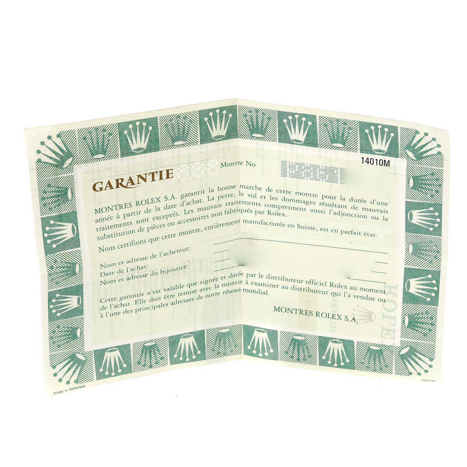 The image shows a warranty card for the Rolex Air-King 14010M Men's Stainless Steel Silver Dial 14010M Men's Stainless Steel Silver Dial watch, displaying the guarantee details and serial number.