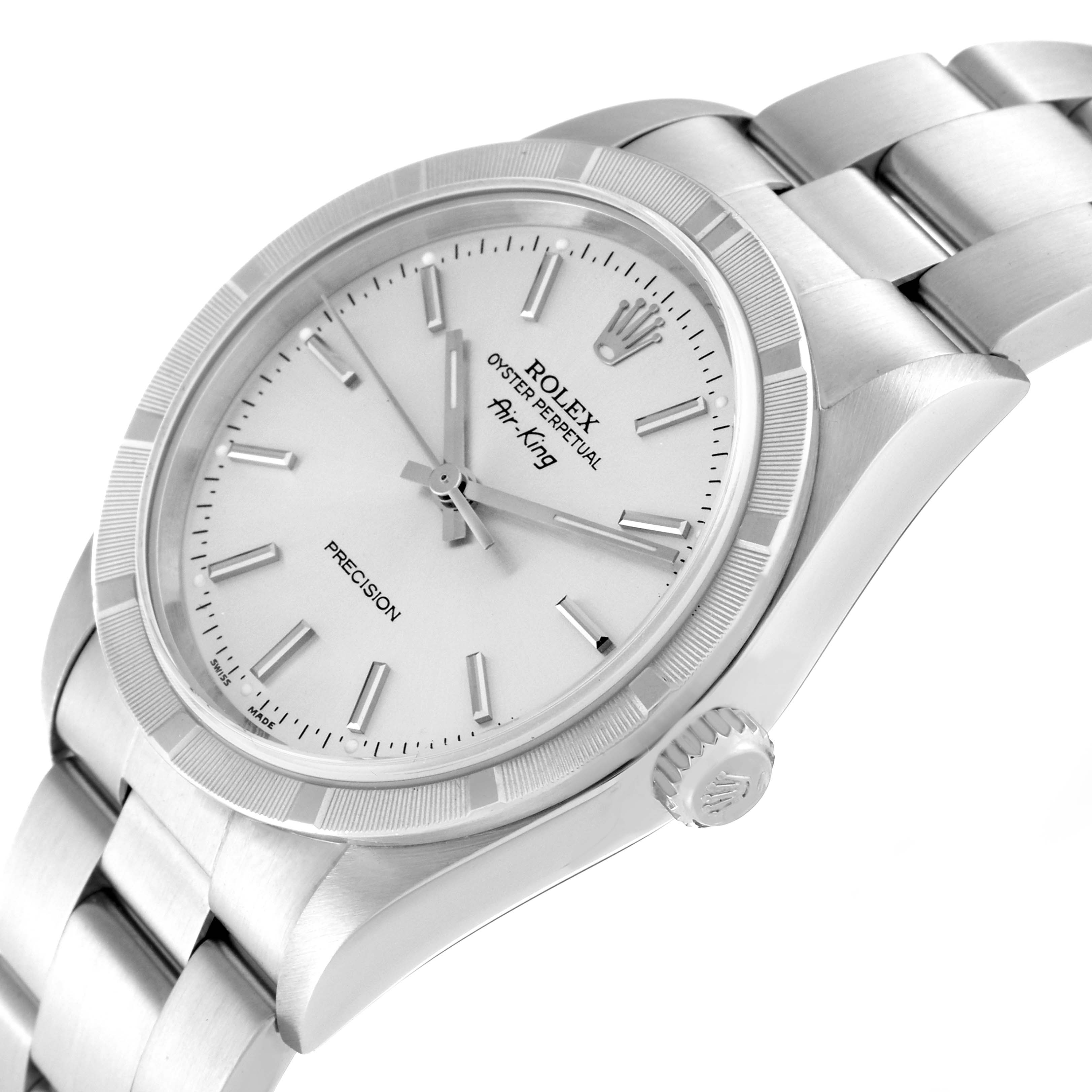 The image shows a close-up side angle of the Rolex Air-King 14010M Men's Stainless Steel Silver Dial 14010M Men's Stainless Steel Silver Dial watch, highlighting the face, bezel, crown, and part of the bracelet.