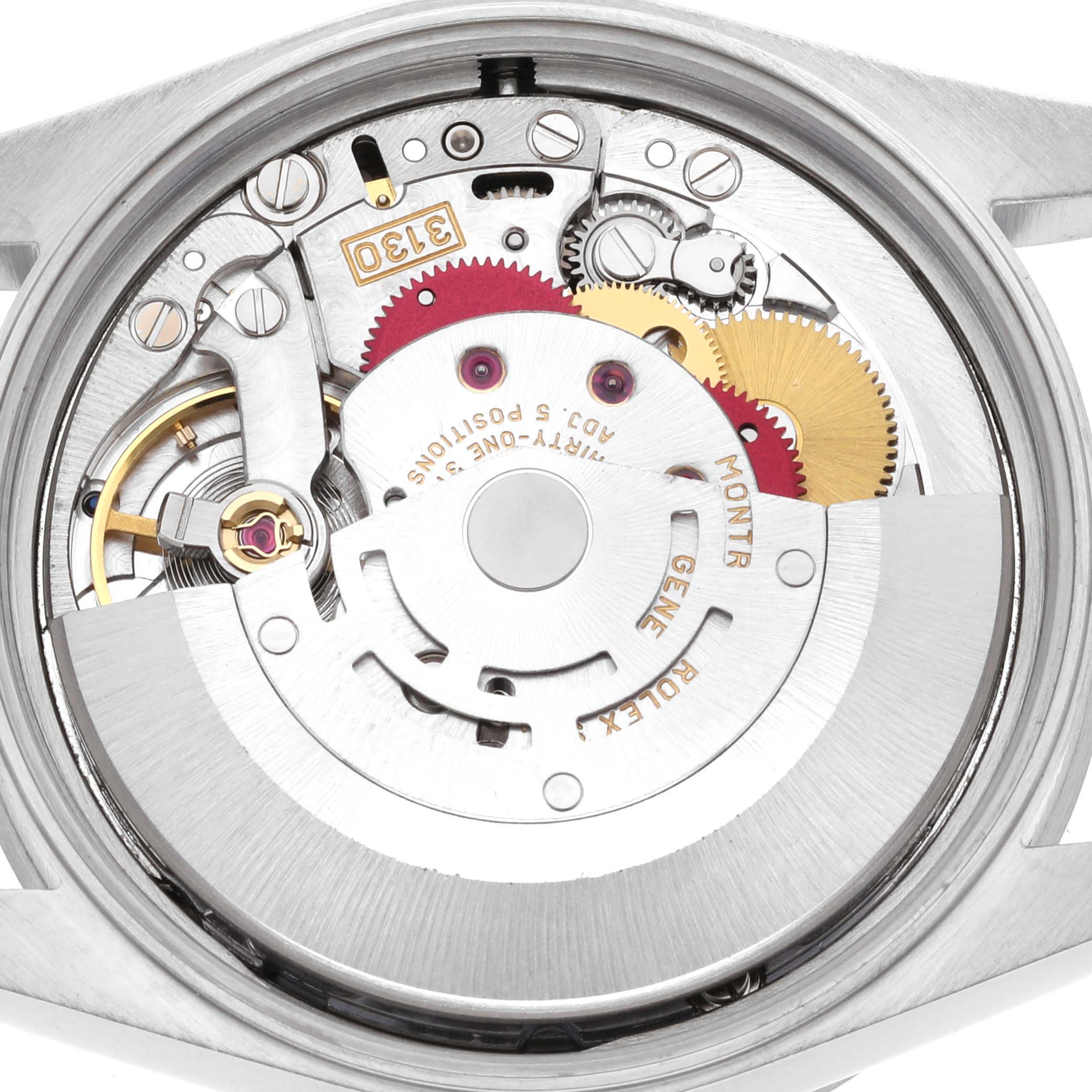 This image shows the movement mechanism of a Rolex Air-King 14010M Men's Stainless Steel Silver Dial 14010M Men's Stainless Steel Silver Dial watch from a top-down angle with visible gears and engravings.