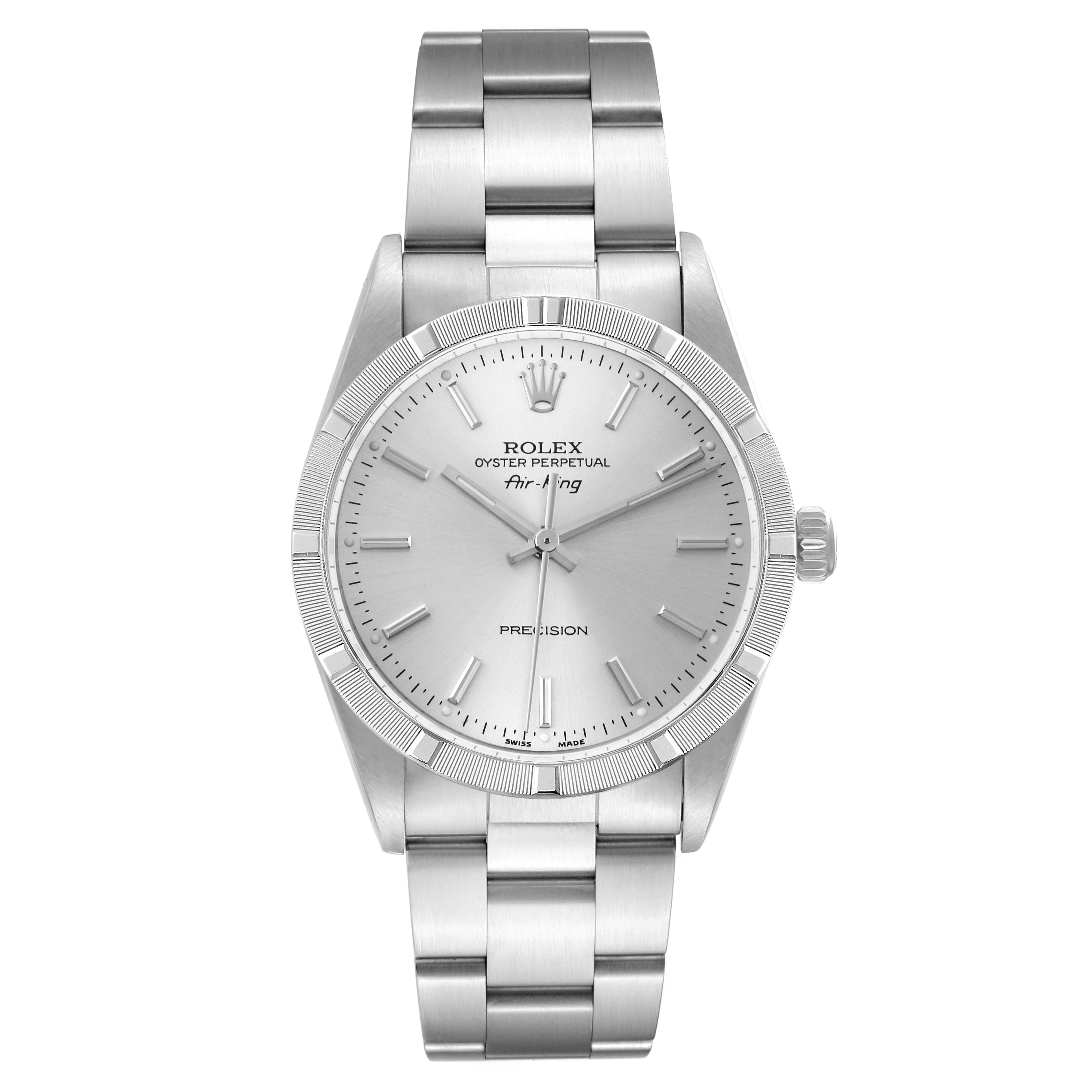 The image shows a front view of a Rolex Air-King 14010M Men's Stainless Steel Silver Dial 14010M Men's Stainless Steel Silver Dial watch, displaying its face, bezel, case, and bracelet.