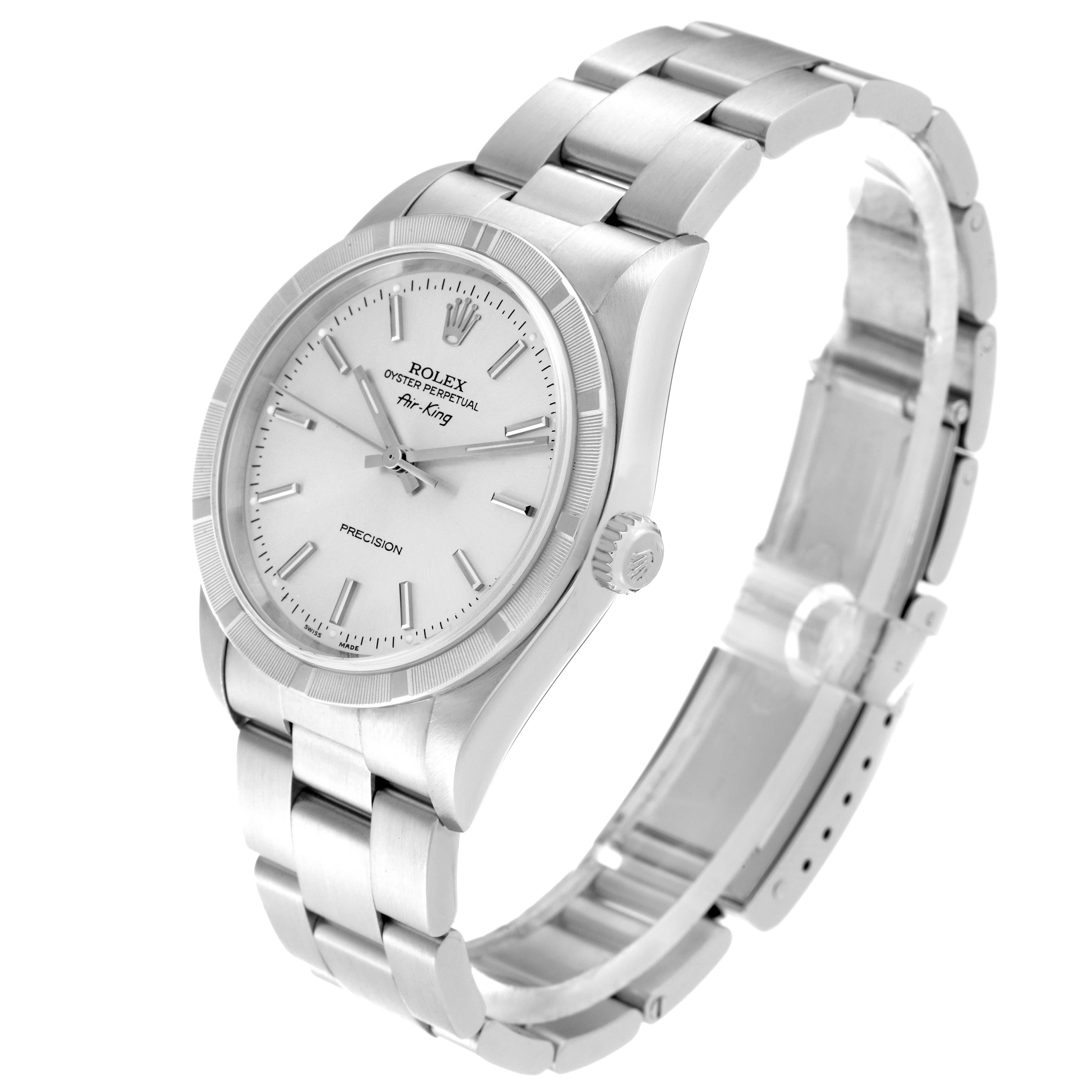 The Rolex Air-King 14010M Men's Stainless Steel Silver Dial 14010M Men's Stainless Steel Silver Dial watch is shown at a three-quarter angle displaying the face, bezel, case, crown, and part of the bracelet.