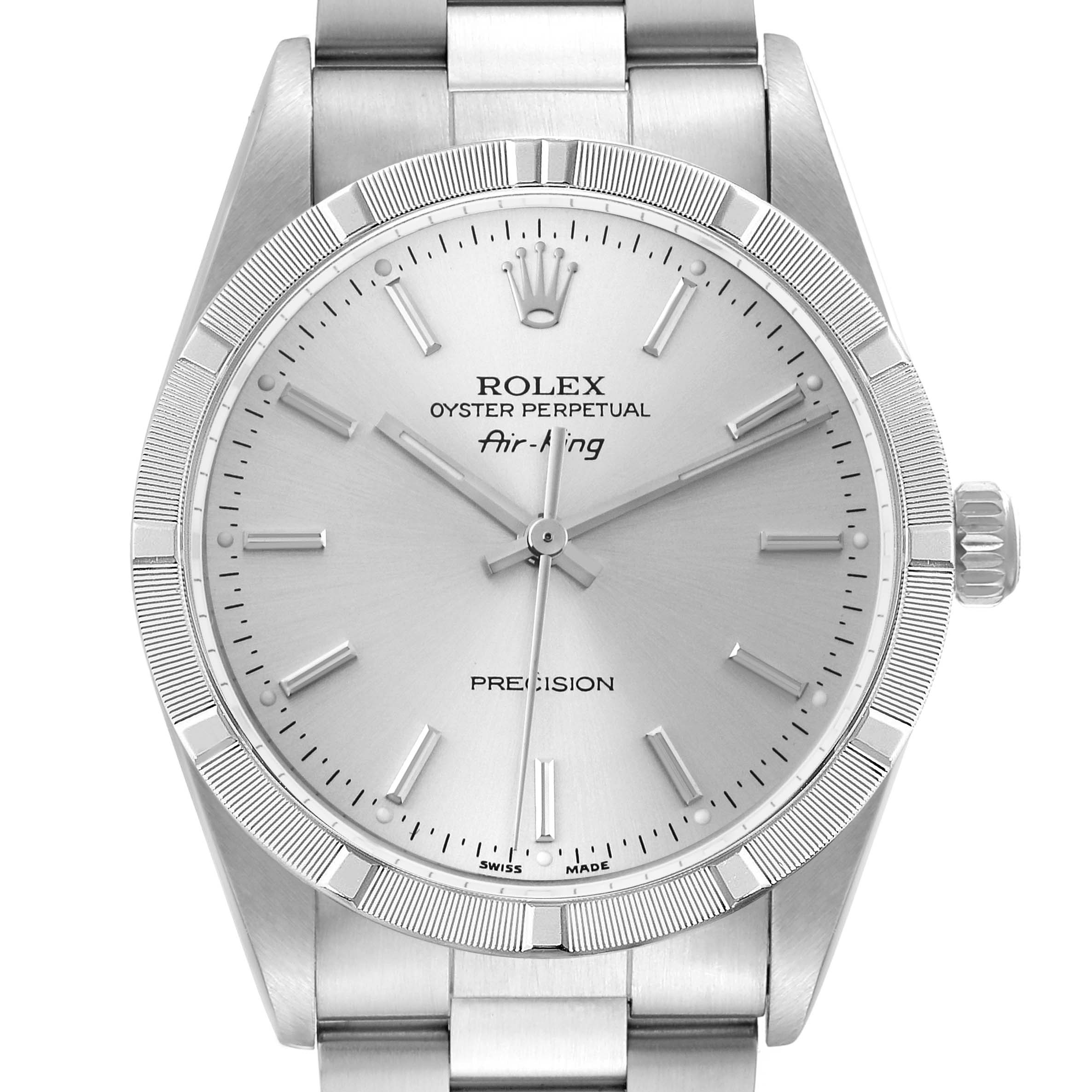 This close-up shows the face, bezel, crown, and part of the bracelet of the Rolex Air-King 14010M Men's Stainless Steel Silver Dial 14010M Men's Stainless Steel Silver Dial watch.