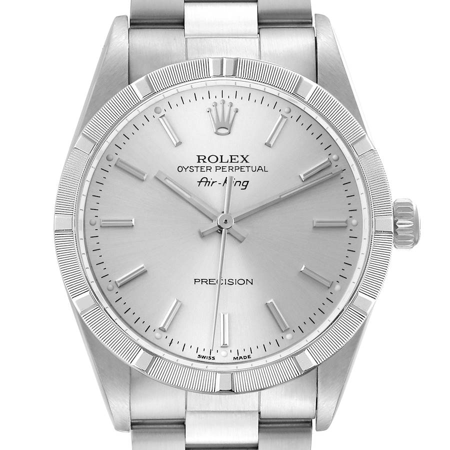 Rolex Air King Engine Turned Bezel Silver Dial Steel Mens Watch 14010 Box Papers SwissWatchExpo