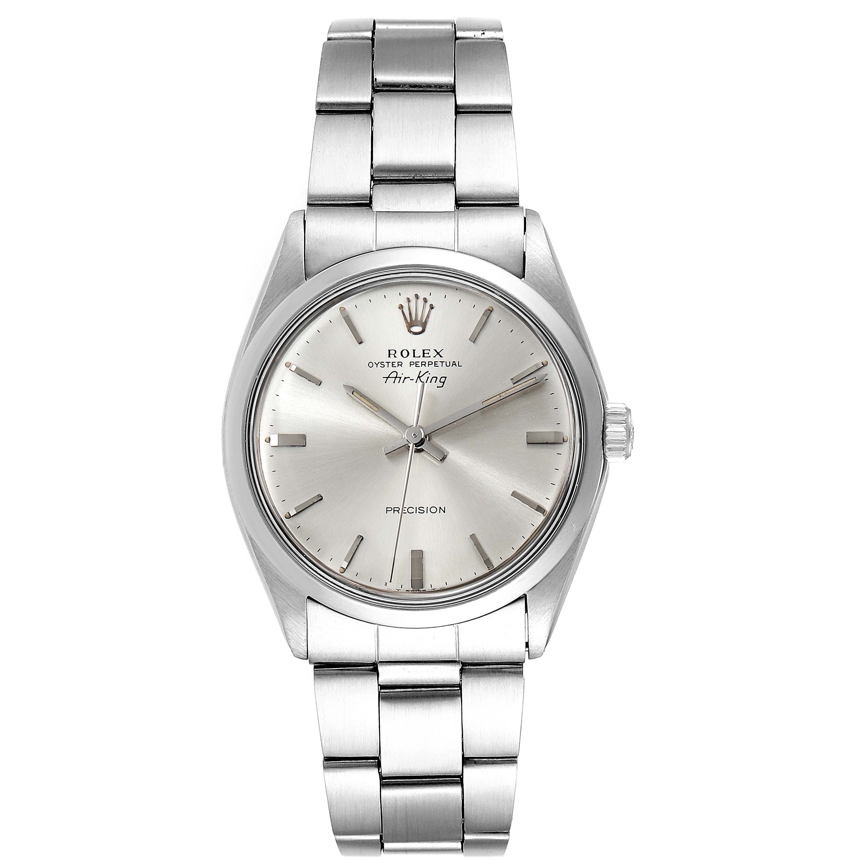 The image shows a Rolex Vintage Collection 5500 Men's Stainless Steel Silver Dial 5500 Men's Stainless Steel Silver Dial Air-King watch, front angle, with its silver dial and metal bracelet visible.