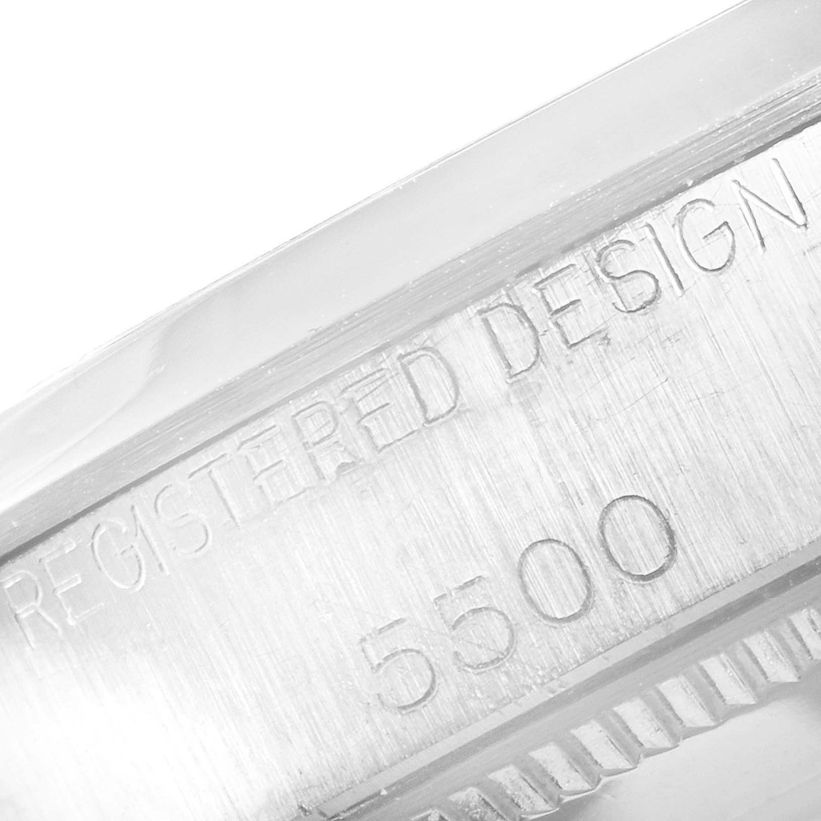The image shows a close-up of the model number "5500" and "REGISTERED DESIGN" engraved on the side of the Rolex Vintage Collection 5500 Men's Stainless Steel Silver Dial 5500 Men's Stainless Steel Silver Dial watch.
