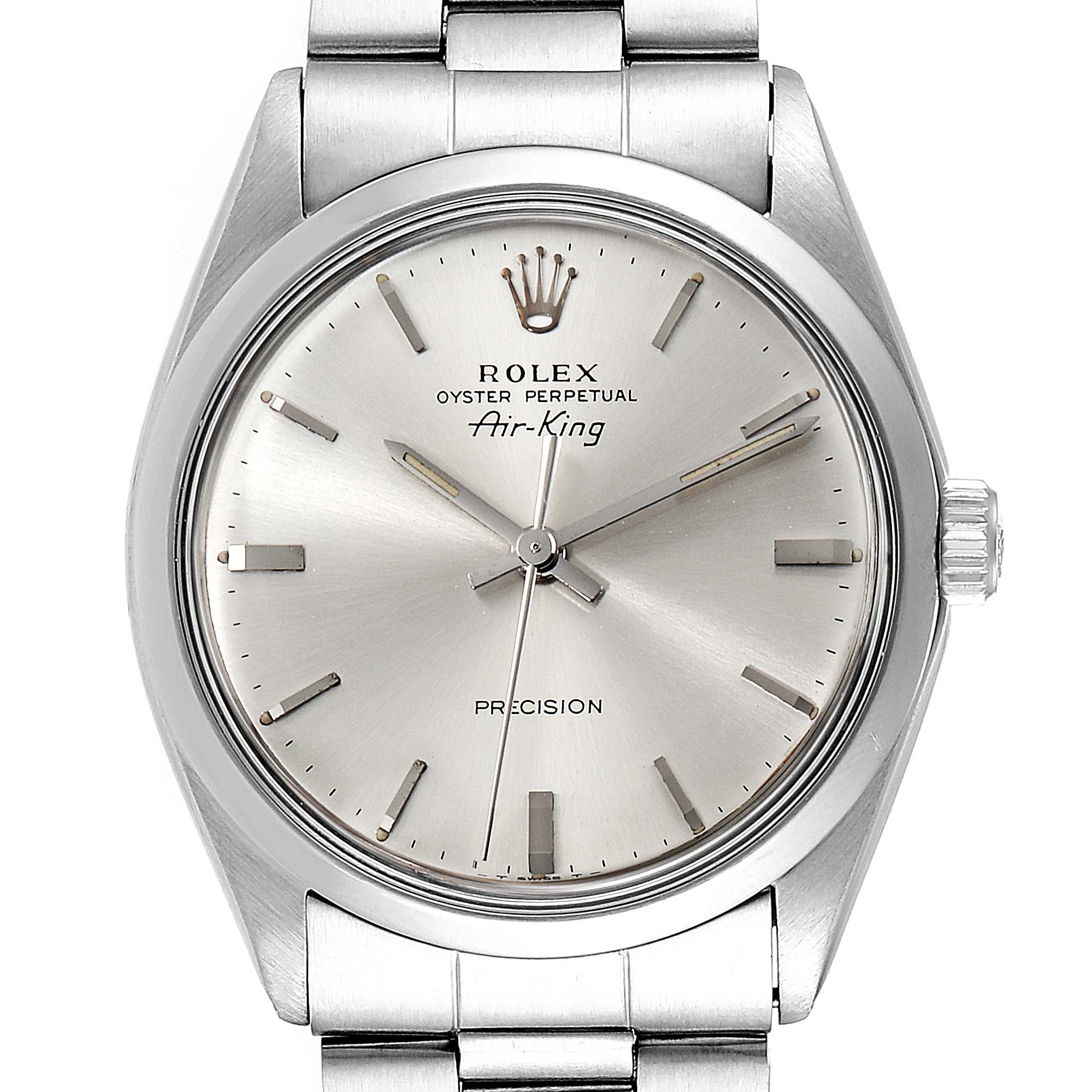 The image shows a front view of the Vintage Collection Rolex Oyster Perpetual Air-King watch, displaying its dial, hands, and crown.