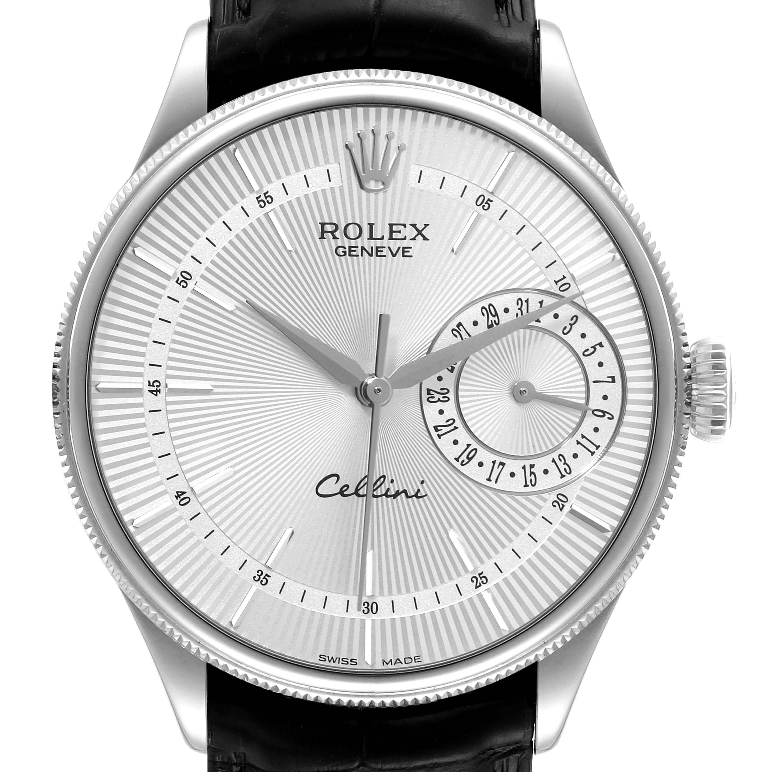 The image shows the front view of a Rolex Cellini 50519 Men
s White Gold Silver Dial 50519 Men
s White Gold Silver Dial watch, highlighting its face, dial, hands, and crown.
