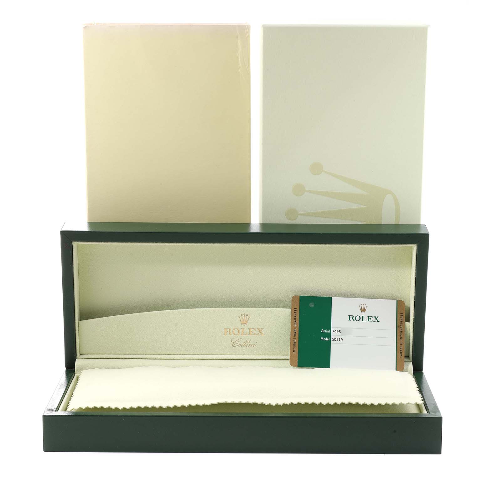 The image shows an open box set for a Rolex Cellini 50519 Men
s White Gold Silver Dial 50519 Men
s White Gold Silver Dial, including the outer box, inner box, and certification card.