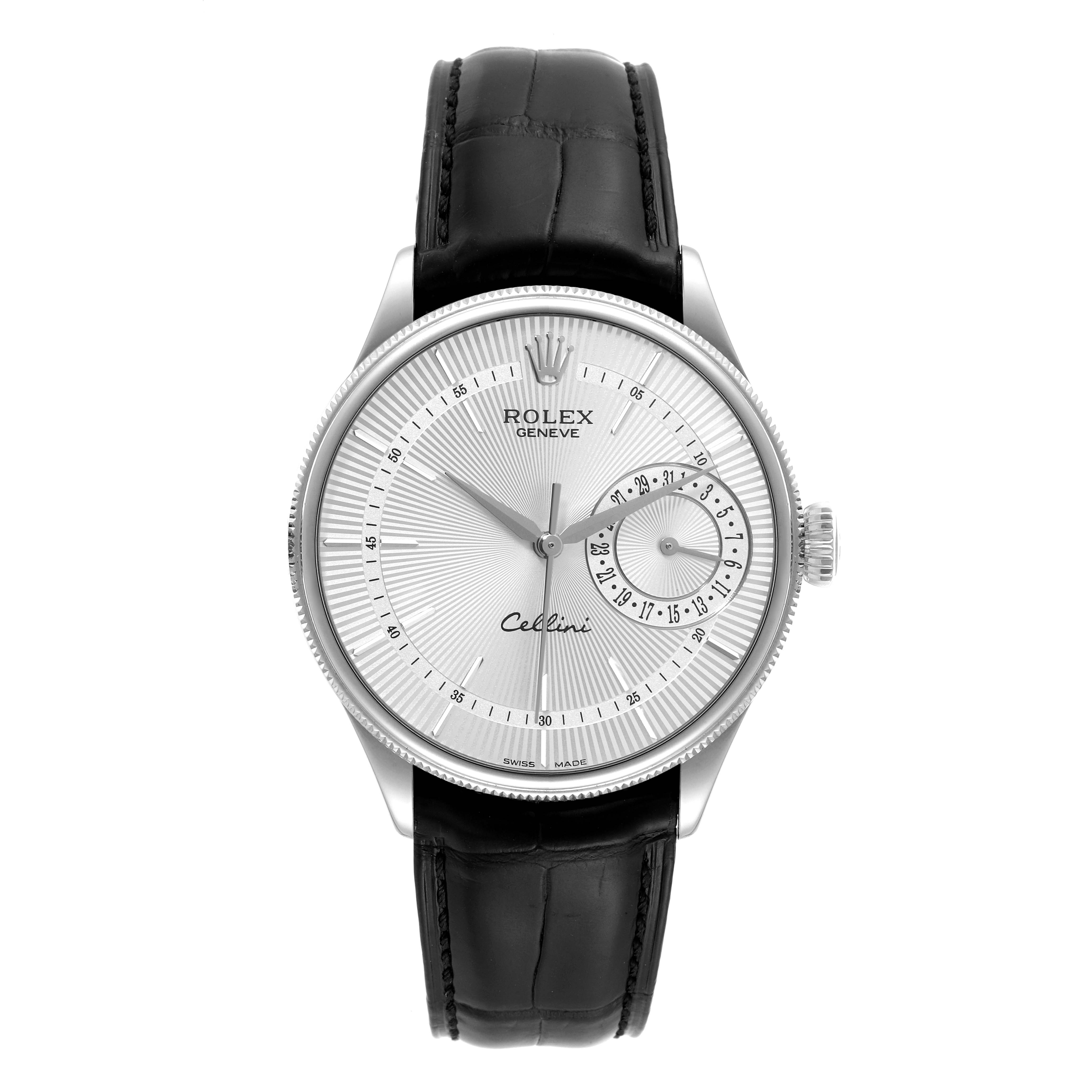 The image shows a front view of a Rolex Cellini 50519 Men
s White Gold Silver Dial 50519 Men
s White Gold Silver Dial watch featuring a silver dial, black leather strap, and fluted bezel.