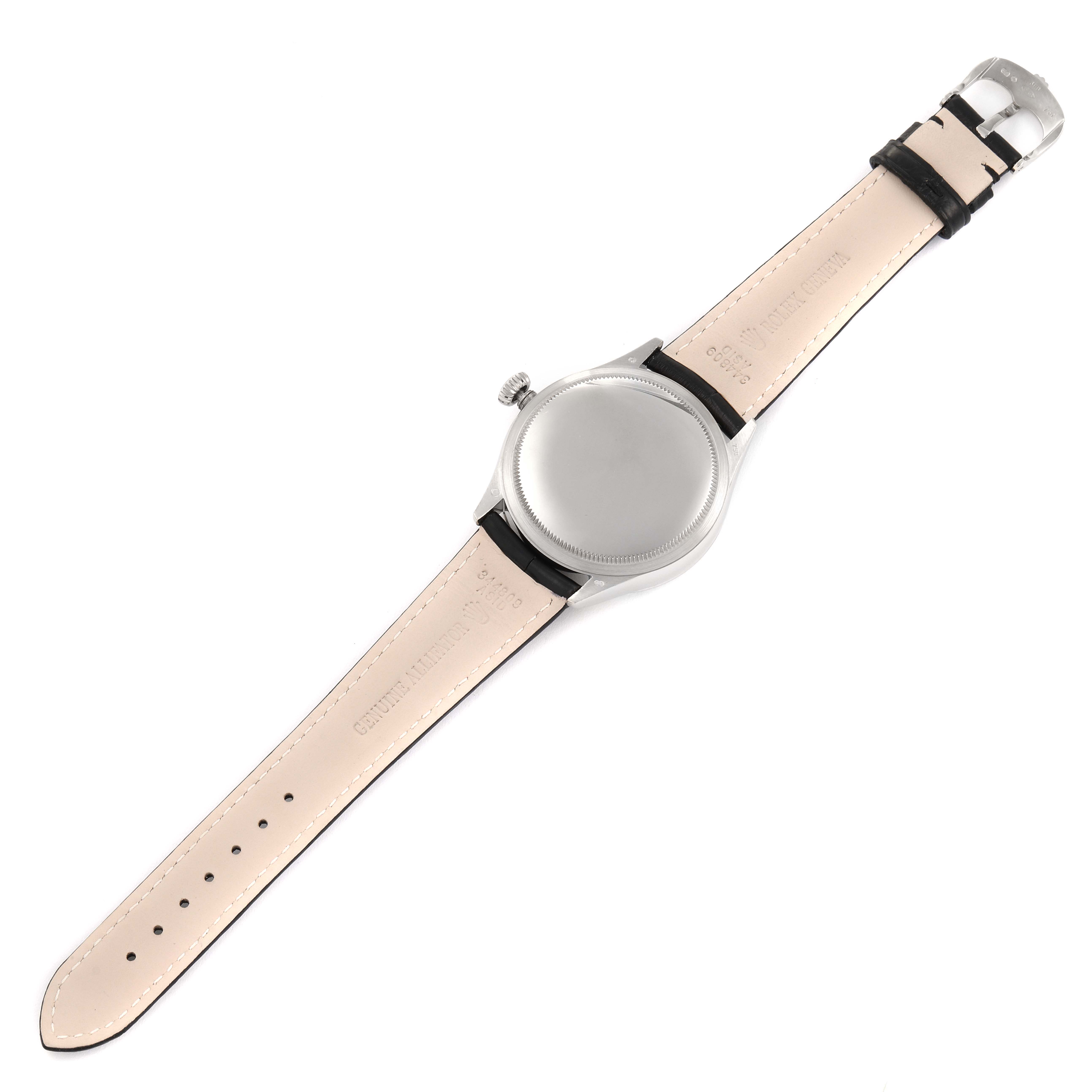 This image shows the back view of a Rolex Cellini 50519 Men
s White Gold Silver Dial 50519 Men
s White Gold Silver Dial watch with its leather strap fully extended.