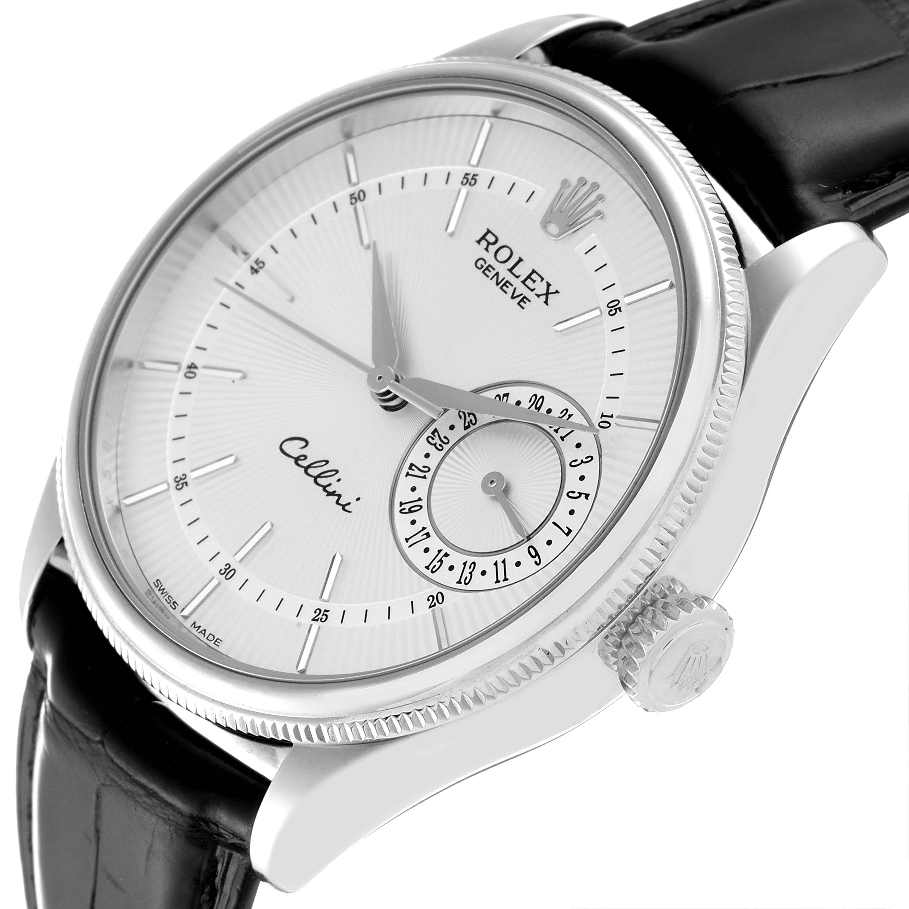 The image shows a Rolex Cellini 50519 Men
s White Gold Silver Dial 50519 Men
s White Gold Silver Dial watch at an angled view, highlighting its dial, crown, and black leather strap.