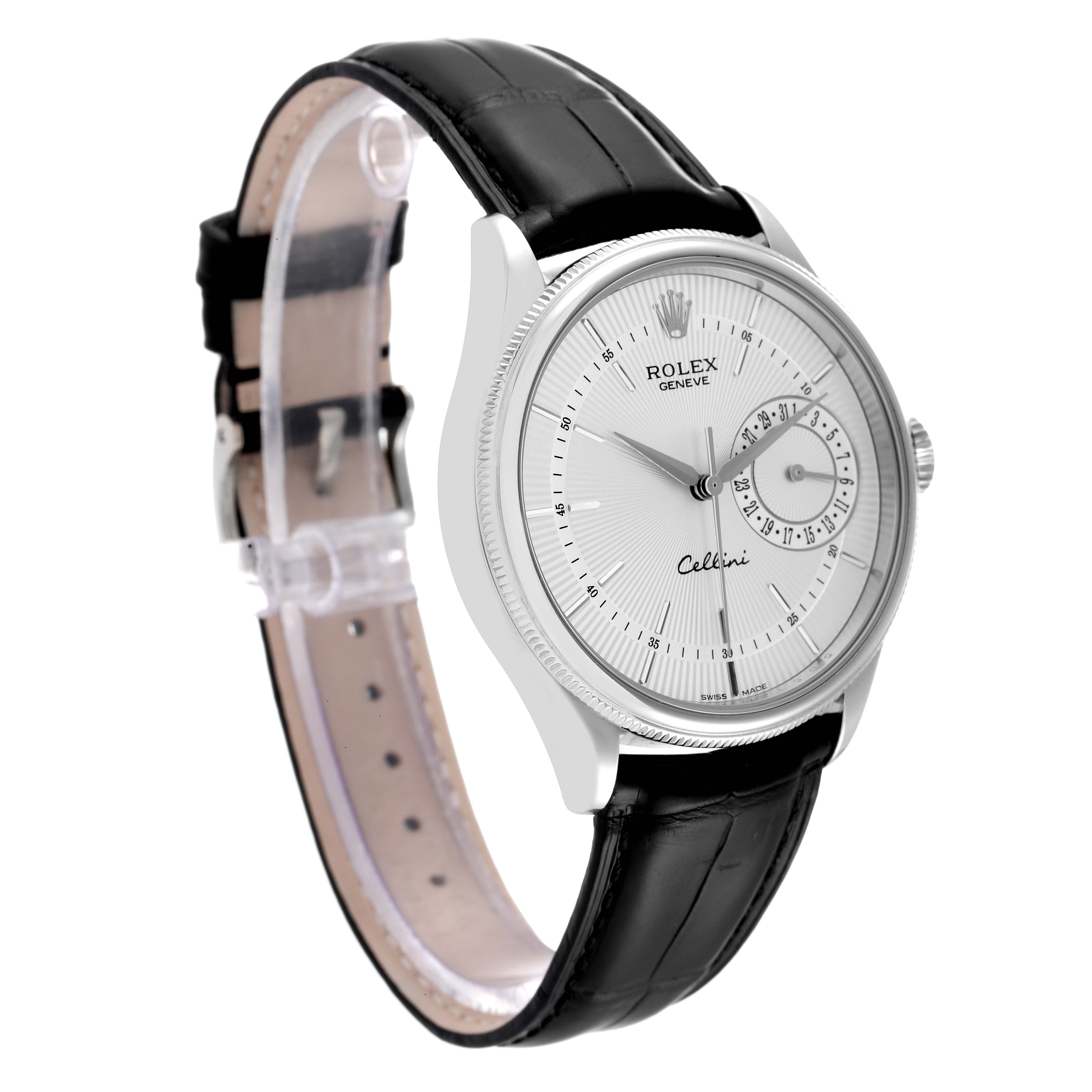 This image shows a side angle of the Rolex Cellini 50519 Men
s White Gold Silver Dial 50519 Men
s White Gold Silver Dial watch, showcasing its dial, case, strap, and crown.