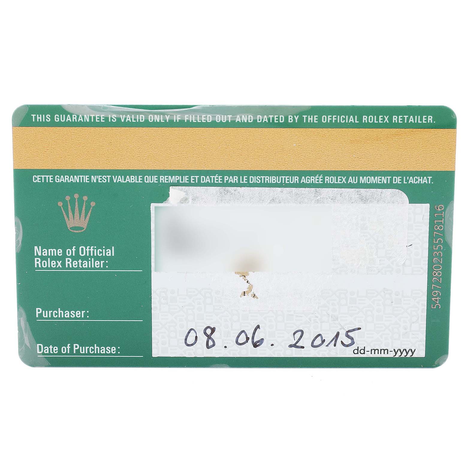 This image shows the guarantee card for a Rolex Cellini 50519 Men
s White Gold Silver Dial 50519 Men
s White Gold Silver Dial watch, featuring details like the date of purchase and the retailer
s name.