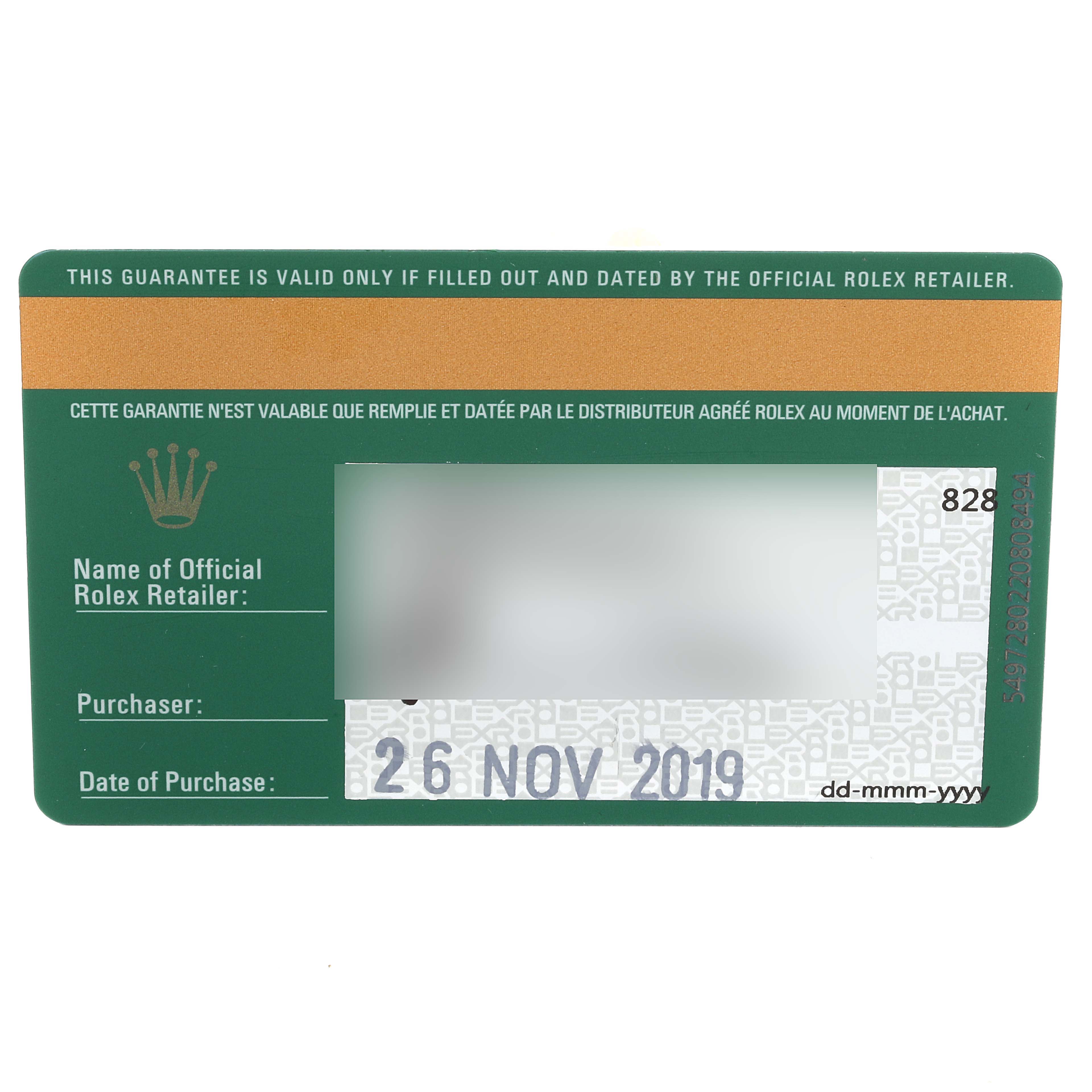 This is an official green guarantee card for the Rolex Cellini 50535 Men's Rose Gold White Dial 50535 Men's Rose Gold White Dial model, including purchase details and retailer information.