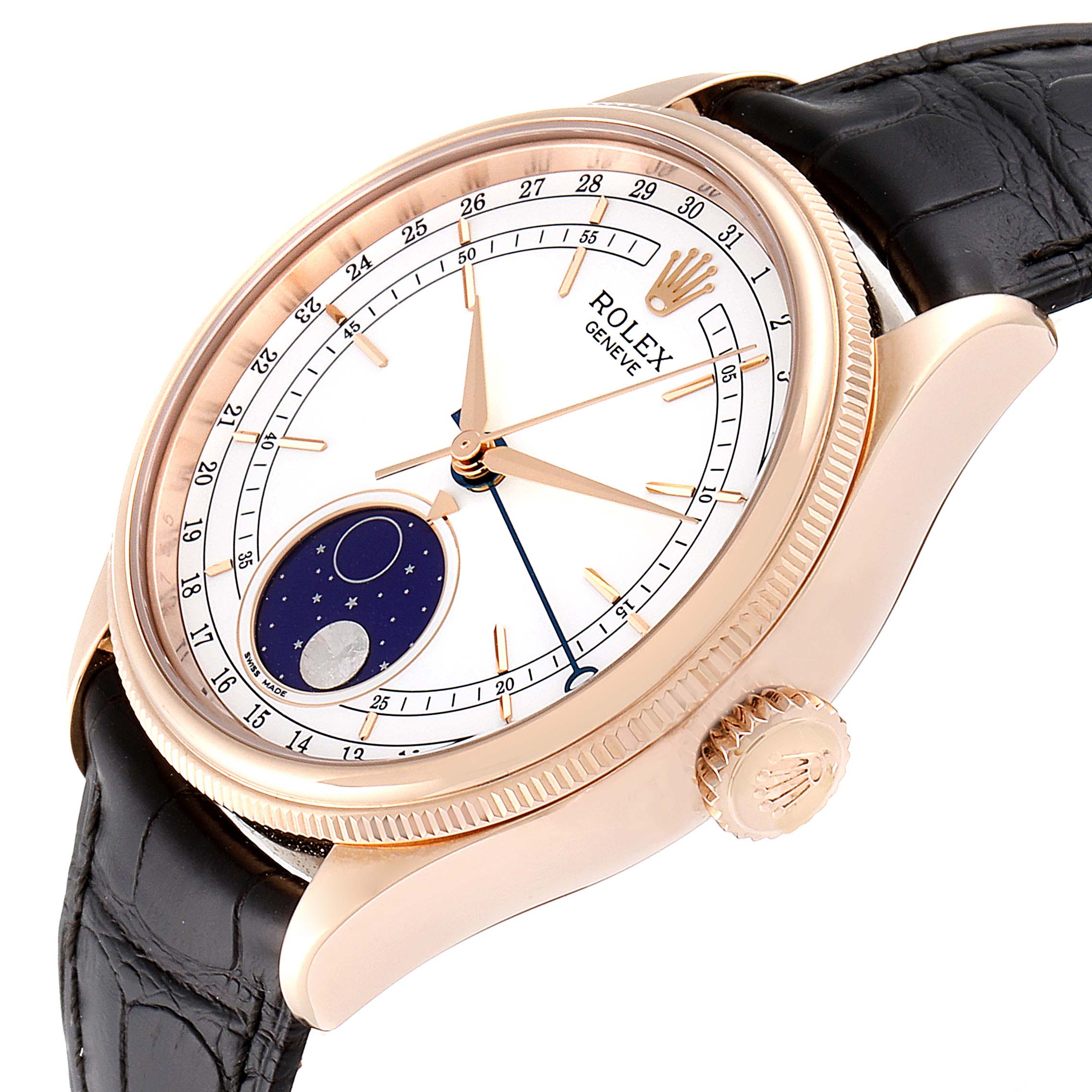 The Rolex Cellini 50535 Men's Rose Gold White Dial 50535 Men's Rose Gold White Dial watch is shown at an angled top view, displaying its dial, crown, moon phase subdial, and leather strap.