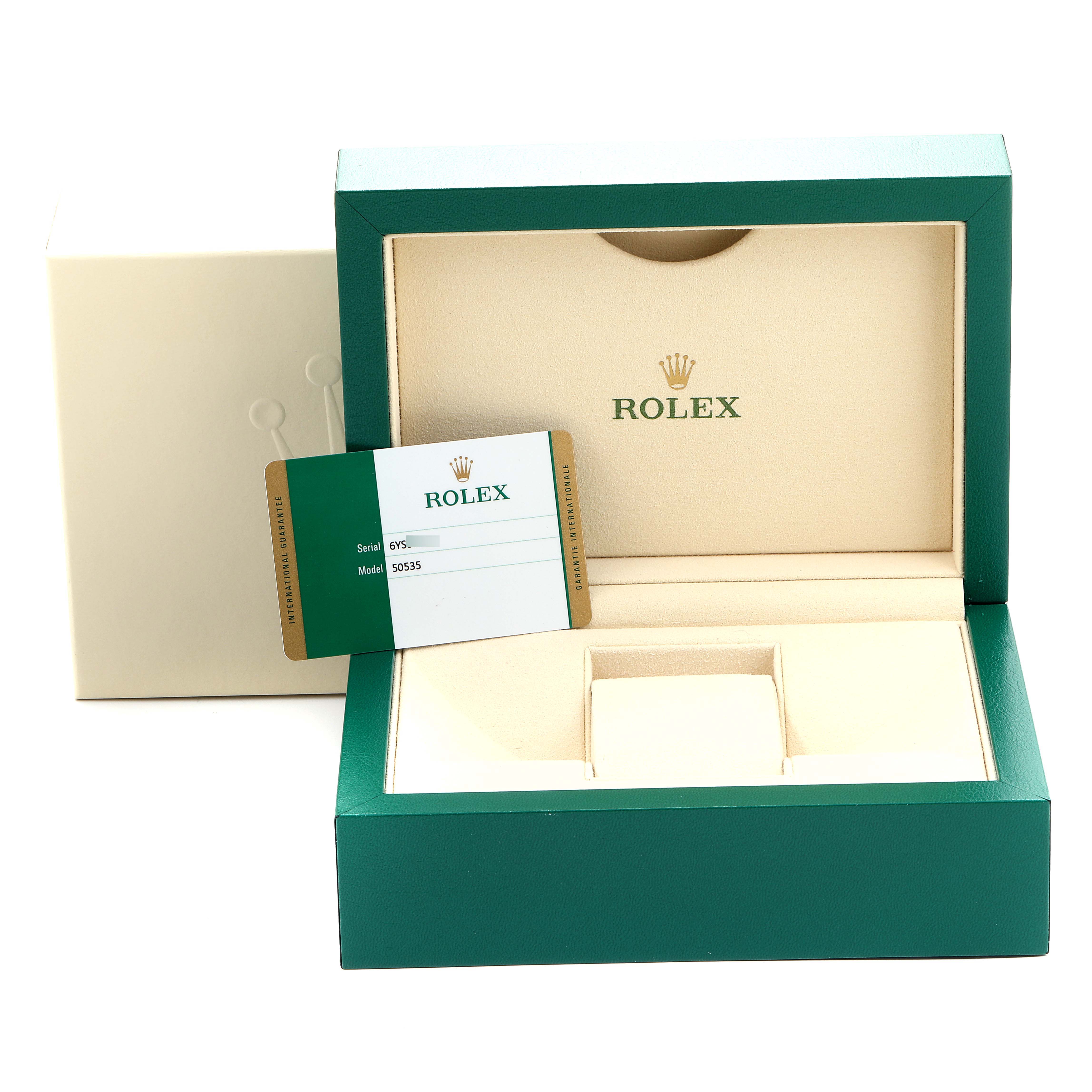 This image shows a Rolex Cellini 50535 Men's Rose Gold White Dial 50535 Men's Rose Gold White Dial watch box and authentication card, photographed from a front angle.