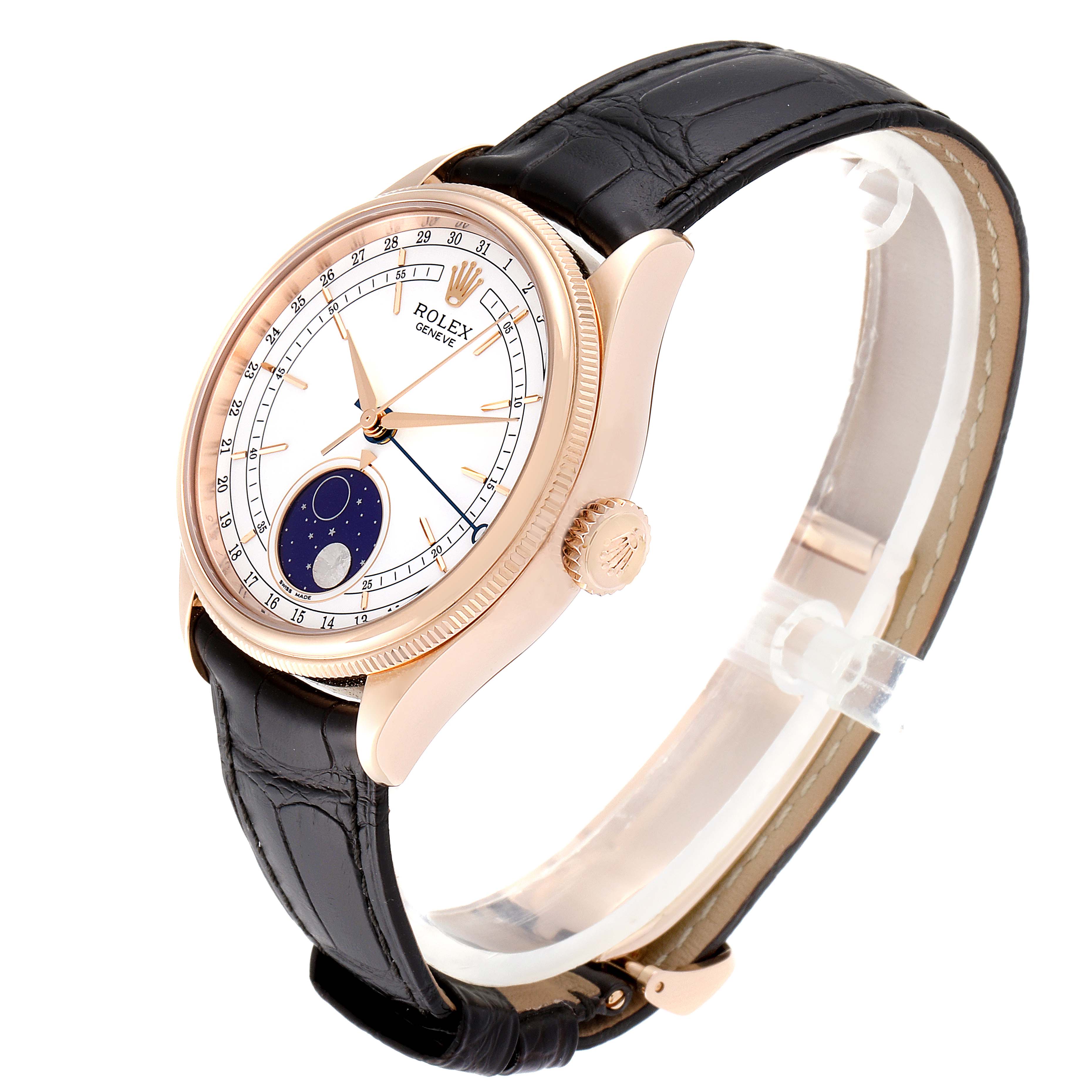 The image shows a side view of the Rolex Cellini 50535 Men's Rose Gold White Dial 50535 Men's Rose Gold White Dial watch, highlighting the case, crown, dial, and strap.