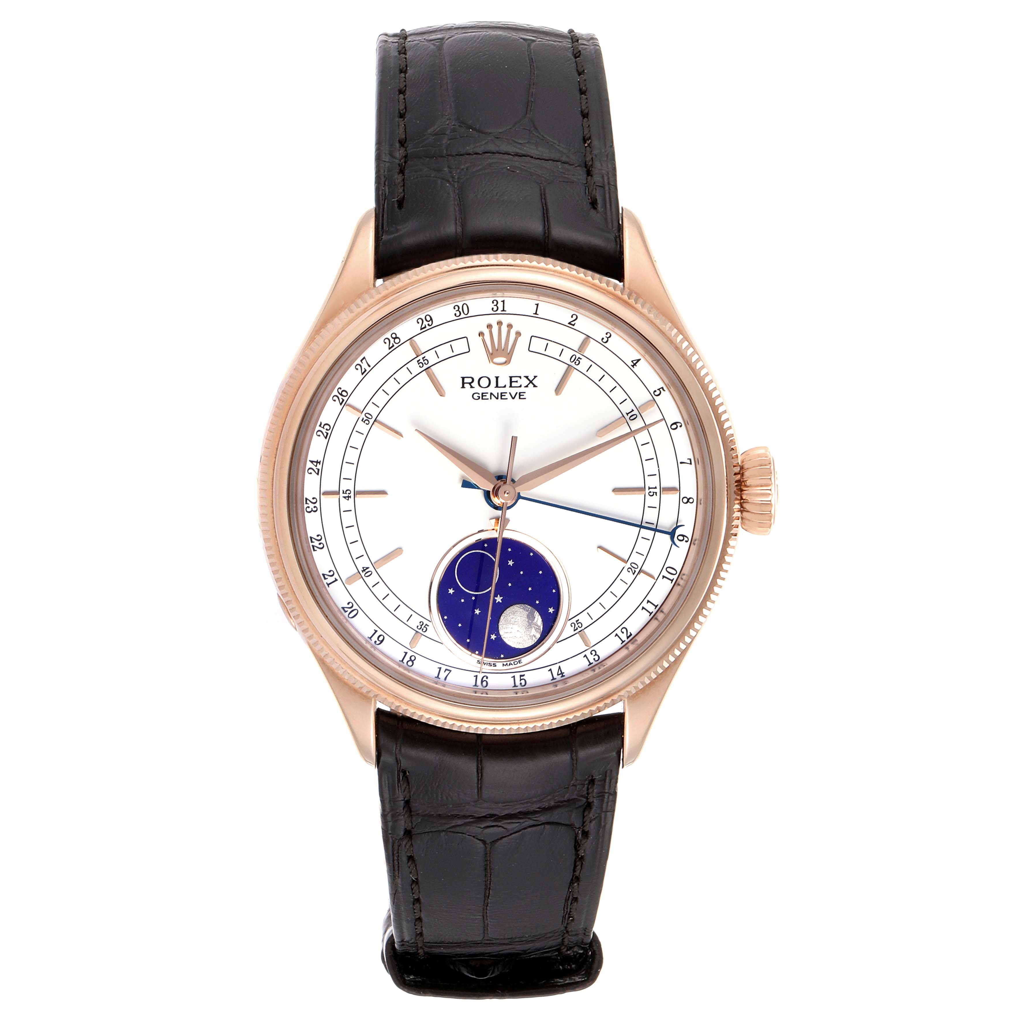 This image shows a front view of the Rolex Cellini 50535 Men's Rose Gold White Dial 50535 Men's Rose Gold White Dial watch, highlighting its face, crown, bezel, and leather strap.