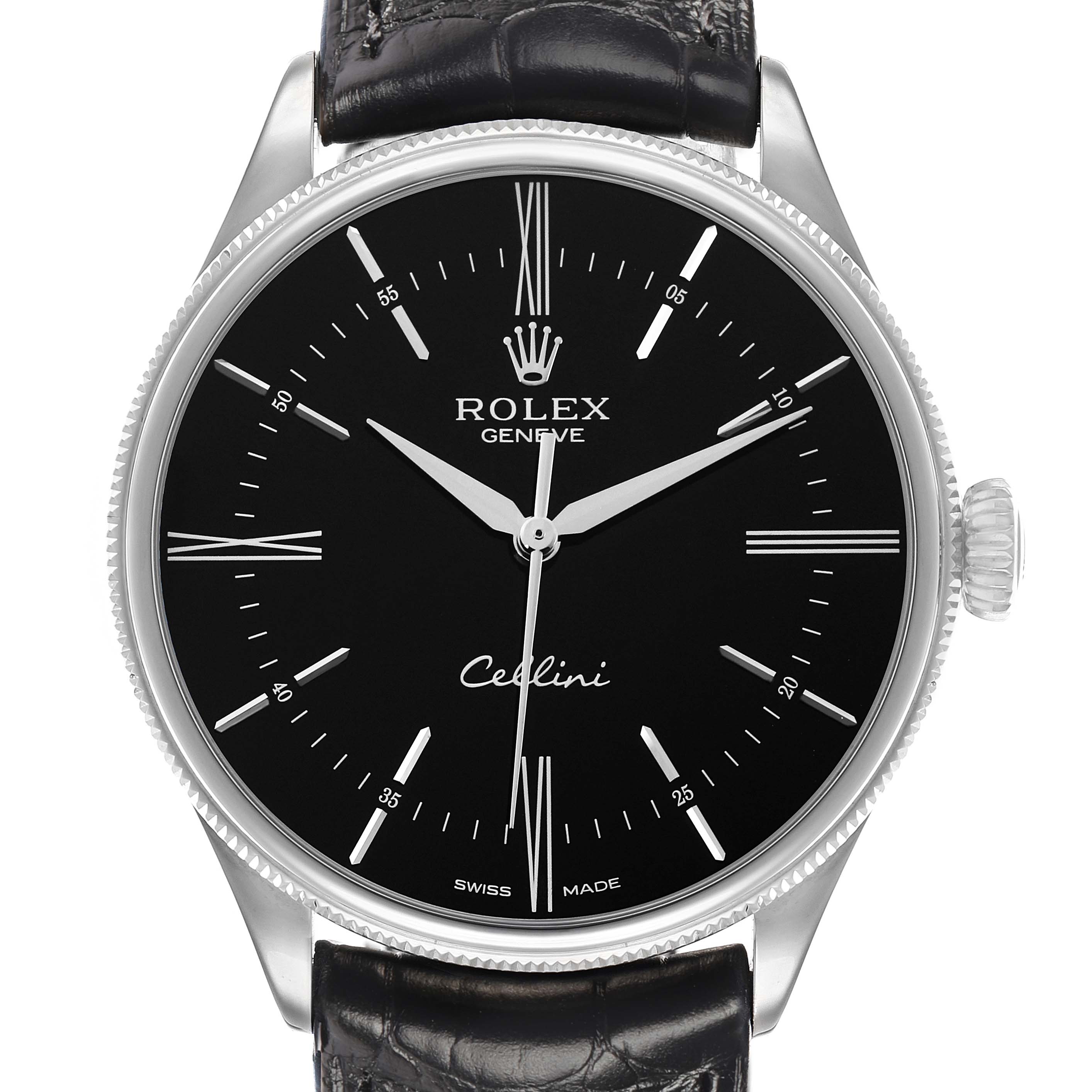 The Rolex Cellini M50509 Men's White Gold Black Dial watch is shown from a front angle, highlighting its black dial, silver hands, markers, and leather strap.