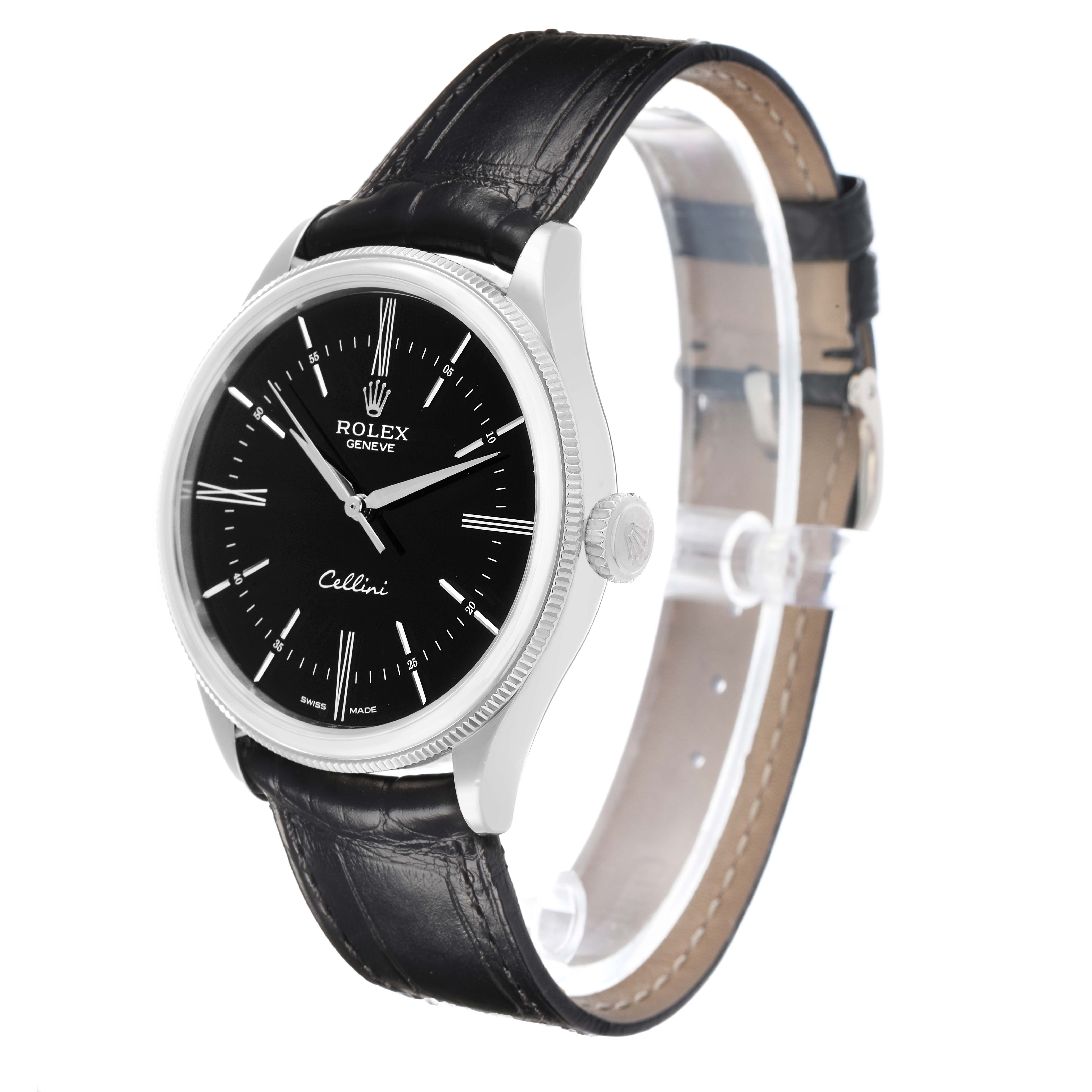 The Rolex Cellini M50509 Men's White Gold Black Dial watch is shown at a slight angle displaying the dial, bezel, case, crown, and part of the leather strap.