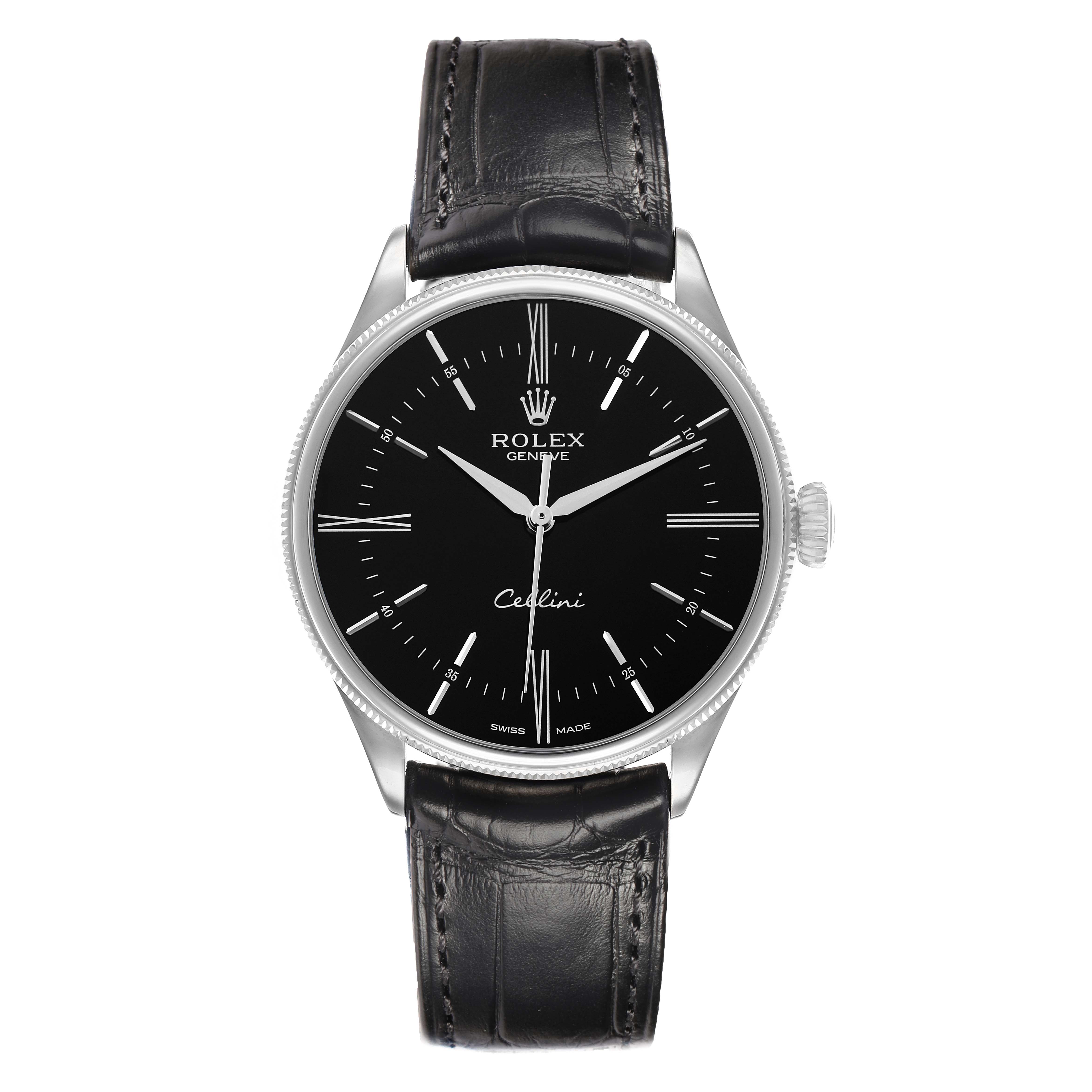 The Rolex Cellini M50509 Men's White Gold Black Dial watch is shown from a front angle, highlighting the dial, bezel, crown, and leather strap.
