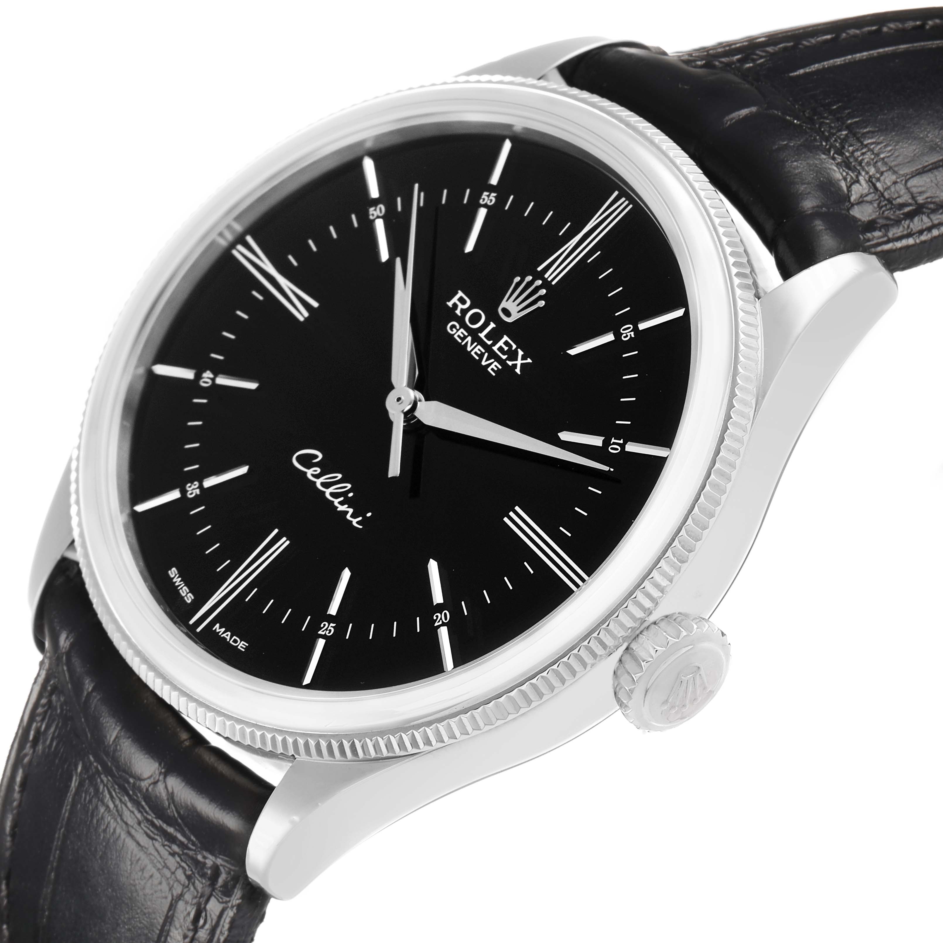The image shows a Rolex Cellini M50509 Men's White Gold Black Dial watch at a slight angle, highlighting the black dial, markers, crown, and leather strap.