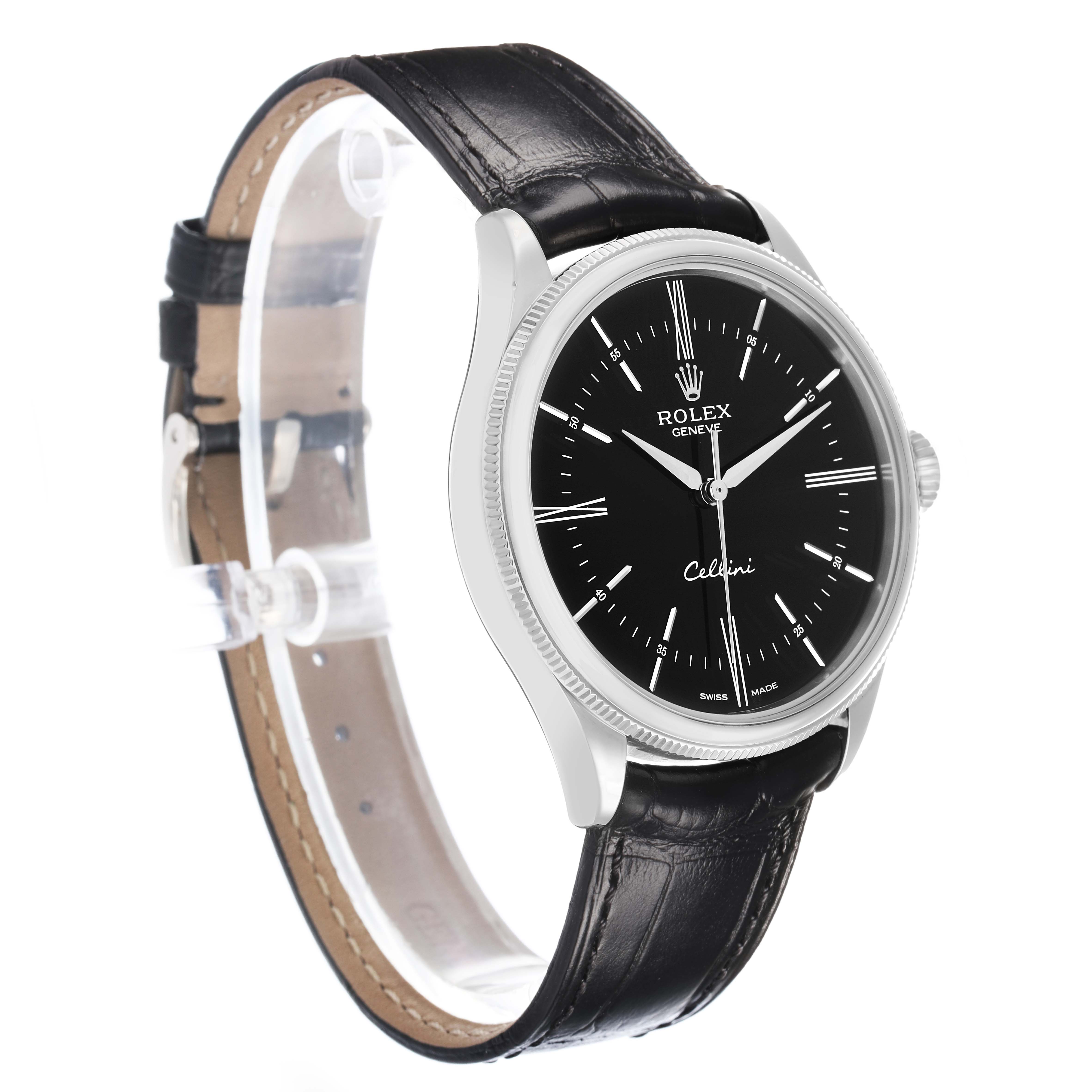 The Rolex Cellini M50509 Men's White Gold Black Dial watch is shown at a three-quarter angle, highlighting the black dial, case, and black leather strap.