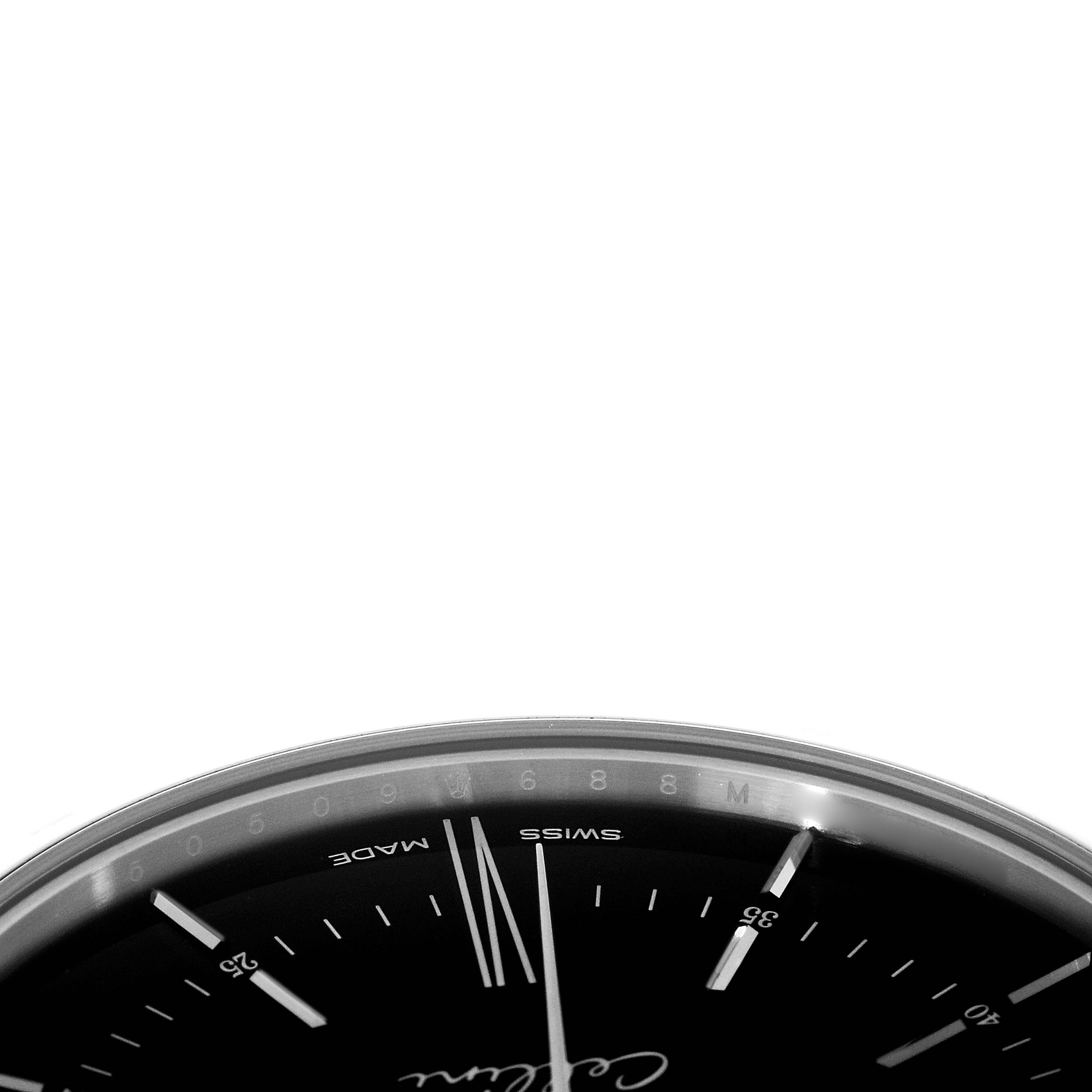 The image shows a partial view of the Rolex Cellini M50509 Men's White Gold Black Dial watch at an angle, highlighting the dial and markers.