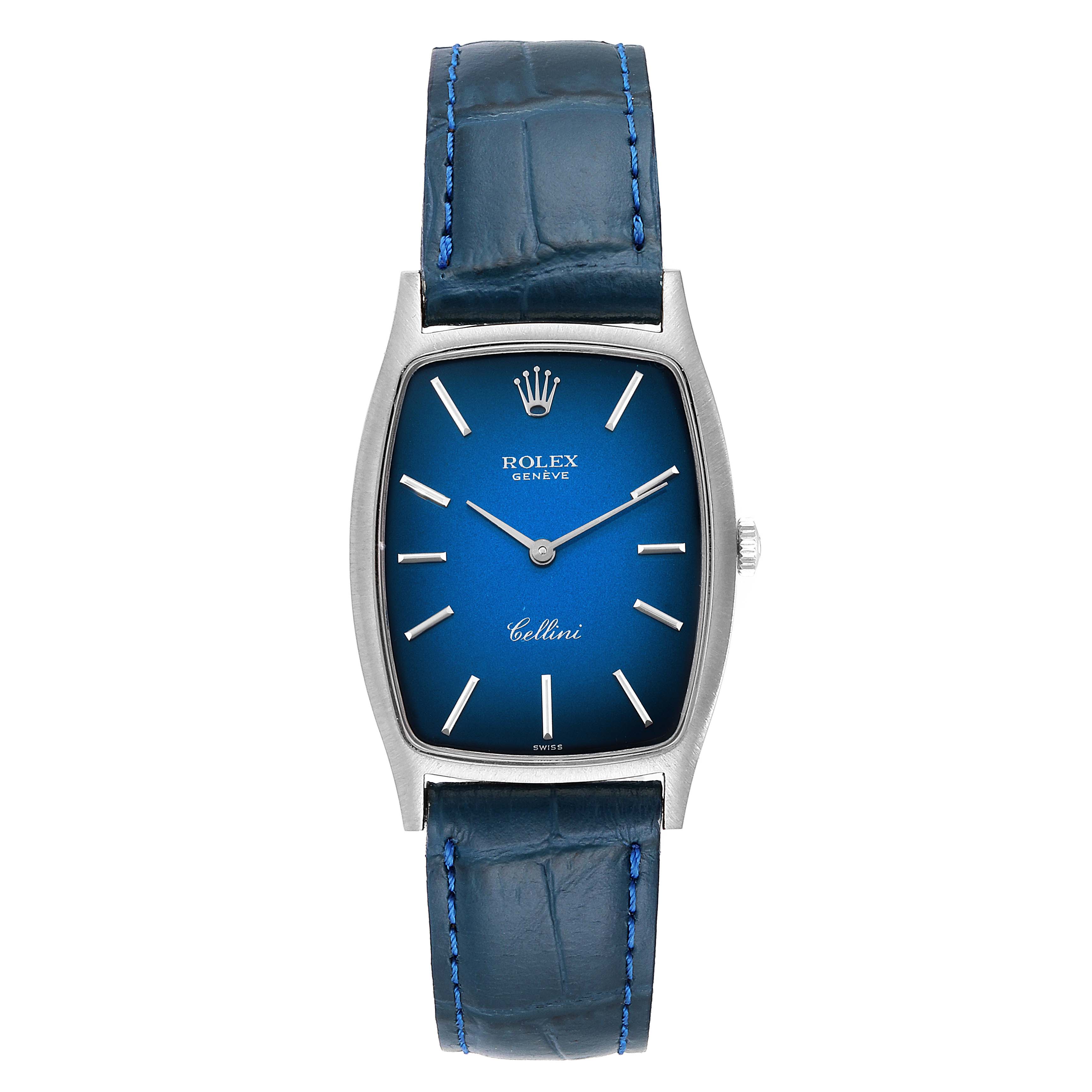 This image shows a front view of the Rolex Cellini 3807 Women's White Gold Blue Dial 3807 Women's White Gold Blue Dial watch, featuring a blue dial and a blue leather strap.
