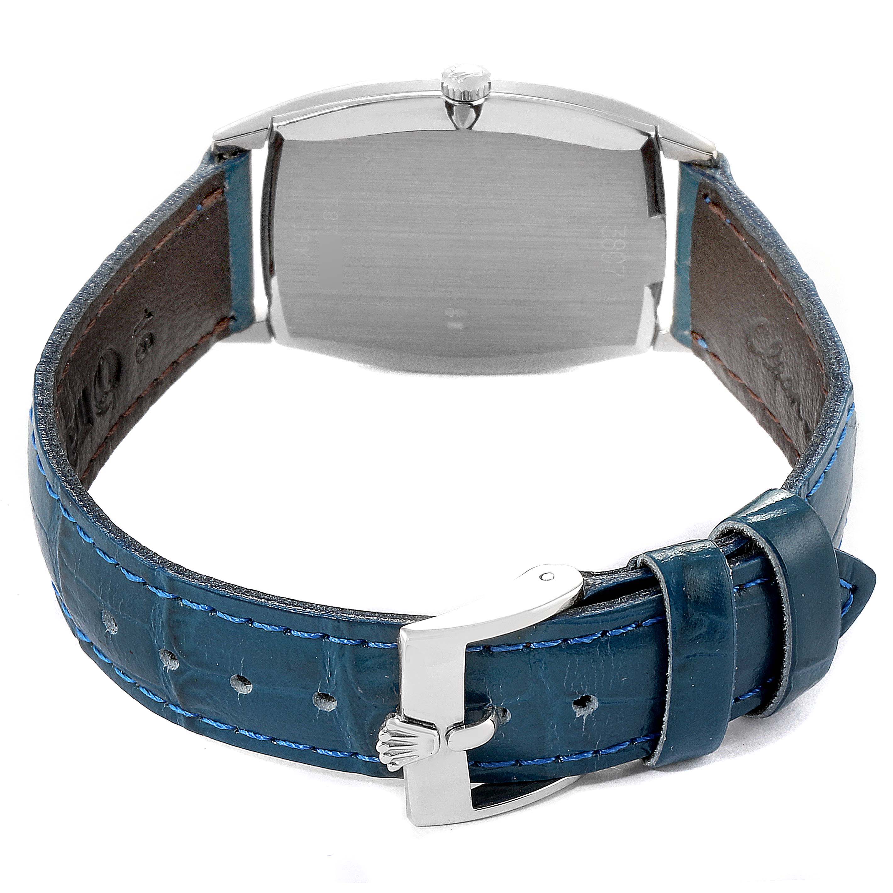The image shows the back view of a Rolex Cellini 3807 Women's White Gold Blue Dial 3807 Women's White Gold Blue Dial watch, highlighting its case, crown, and blue leather strap.