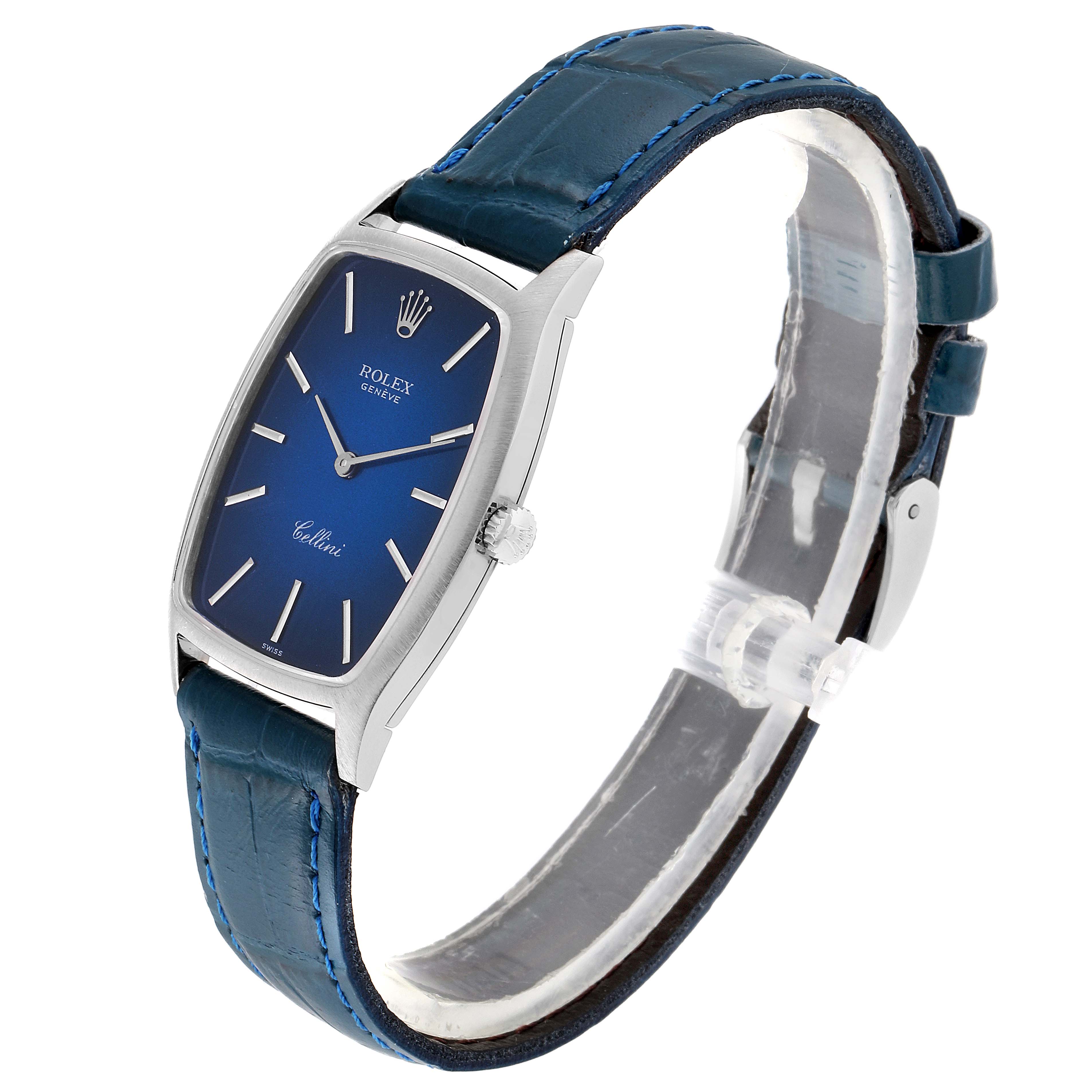 The image shows the Rolex Cellini 3807 Women's White Gold Blue Dial 3807 Women's White Gold Blue Dial watch at a slight angle, highlighting its blue dial, silver case, and blue leather strap.